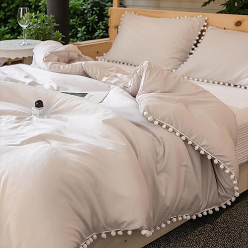 Bedbay Juego de edredón azul tamaño Queen bohemio estético tamaño matrimonialqueen, bonito juego de ropa de cama de 3 piezas con flecos de pompón