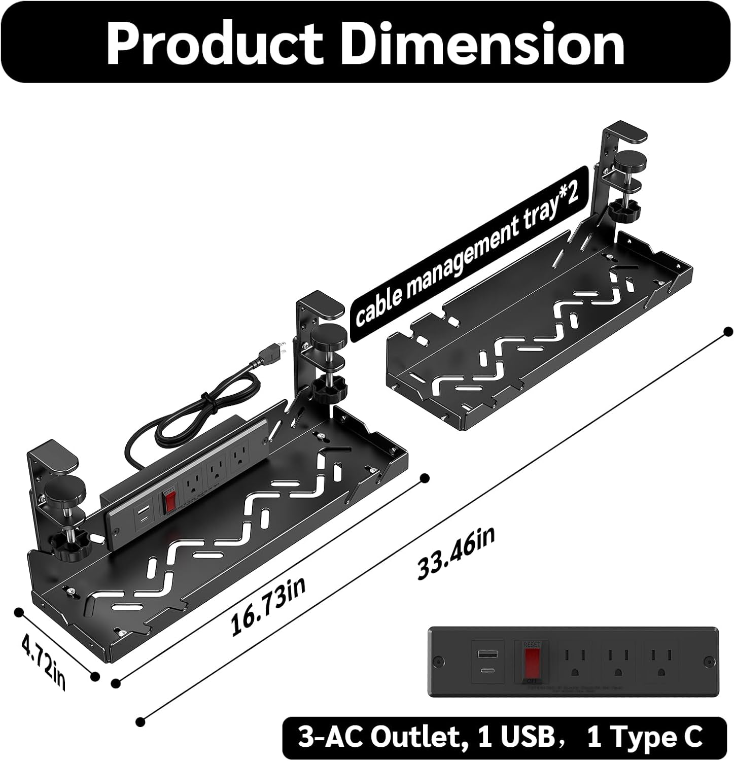 Extended Metal Under Desk Cable Management Tray with Power Outlet, No-Drill Wire Organizer with Clamp, Cord Storage Raceway for Desk Cable Management for Office Home (Black)