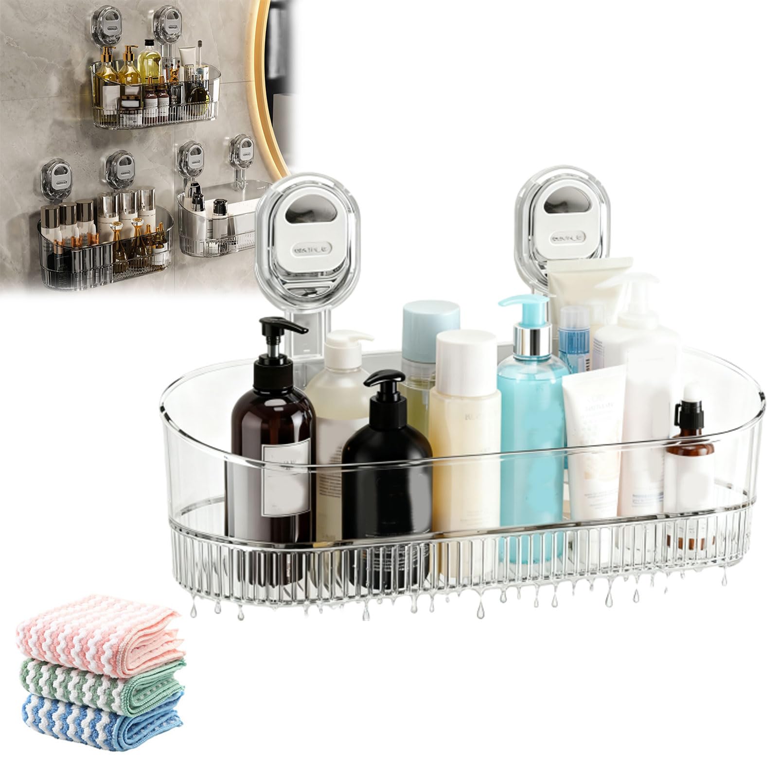 No Drill Bathroom Suction Storage Box Suction Cup Shower Shelf Shower Caddy Suction Cup with Drain Holes Large