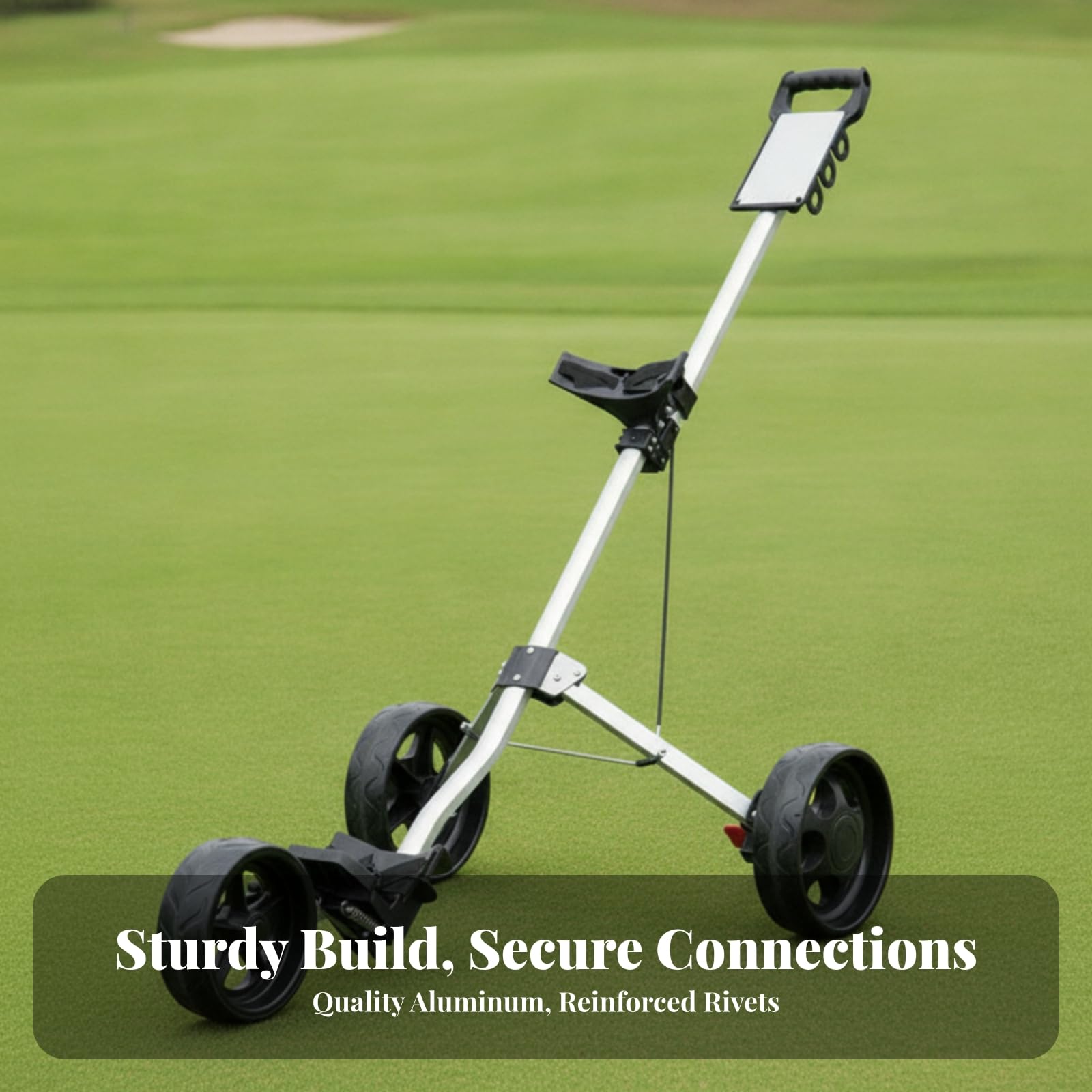 MERIGLARE Chariot de Golf Pliable Chariot Poussette Trolley Équipement avec Support Triangulaire et Poignée Ergonomique Longue Stabilité et Durabilité Adapté aux Parcours Déplacements en en Voiture | Compact, Chariot Golf à 3 Roues, Golfeurs