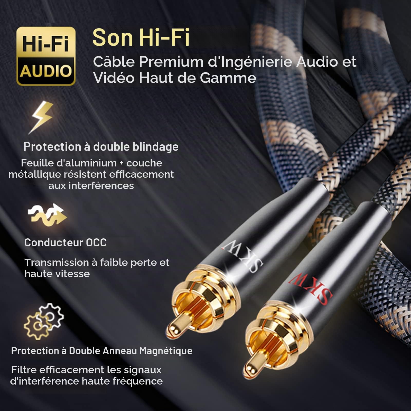 SKW Câble Audio Audiophile de Mise à Niveau 2RCA mâle vers 2RCA mâle Adaptateur de convertisseur de système HiFi avec diamètre 12,8 mm(1M, Noir)
