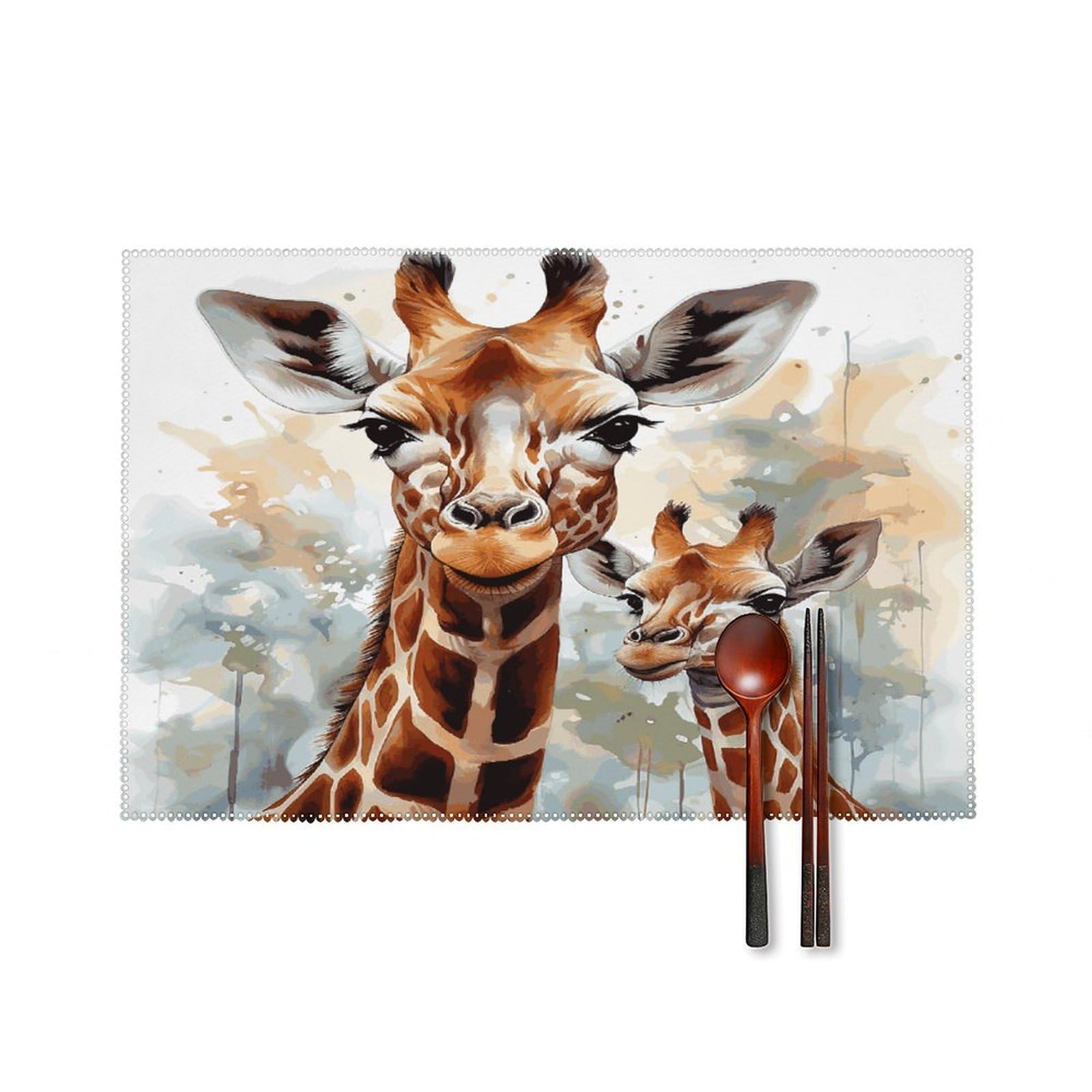Watercolor Deer Giraffe Placemats Washable Canvas Place Mats Decoration Placemat for Dining Table Easy to Clean Tables Mat Set of 6 for Kitchen Dining Room Coffee Table