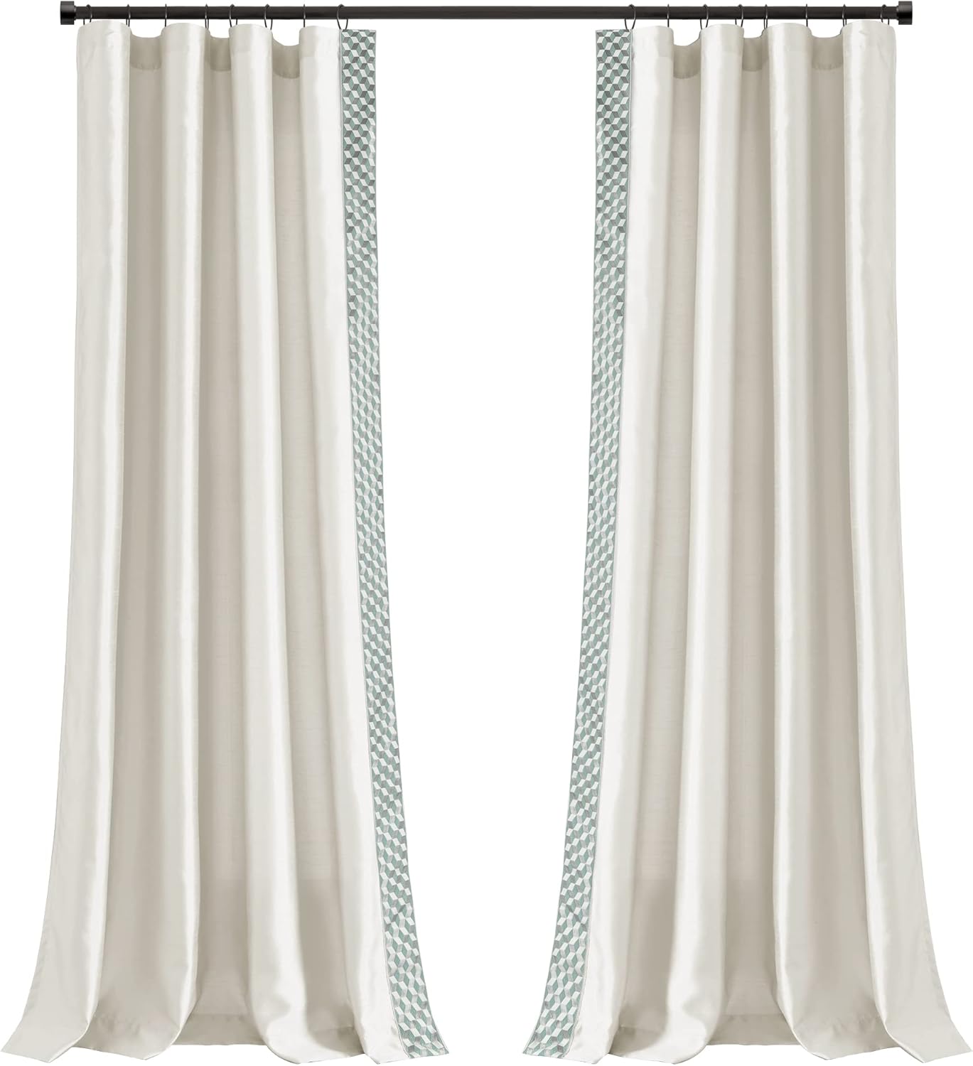 Lush Decor Luxury Mid Century Geo Faux Silk Jacquard Border Window Curtain Panel (Single), 84" L x 52" W, Ivory & Blue