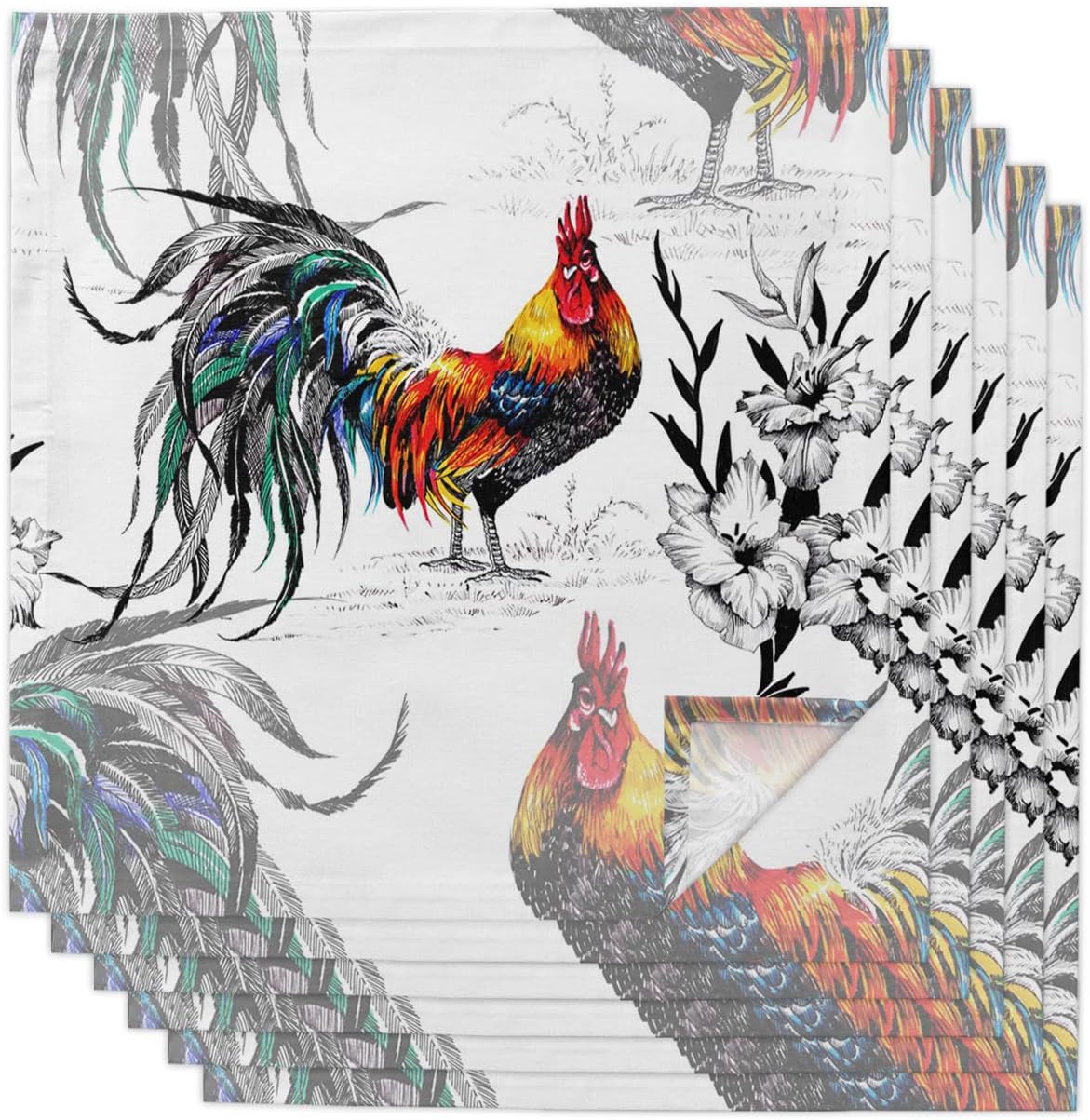 Rooster Napkins, Cloth Napkins Set of 6, Premium Quality