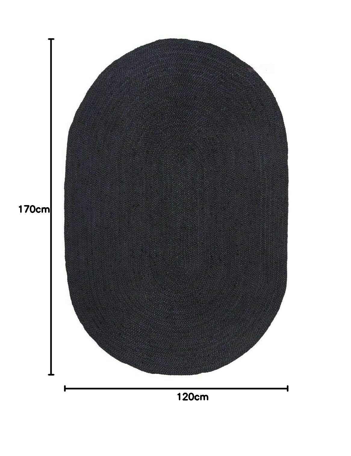 Tapis Ovale en Jute Fait à la Main pour Salon, Couloir, Salon, Couloir, Noir, 120 cm x 170 cm