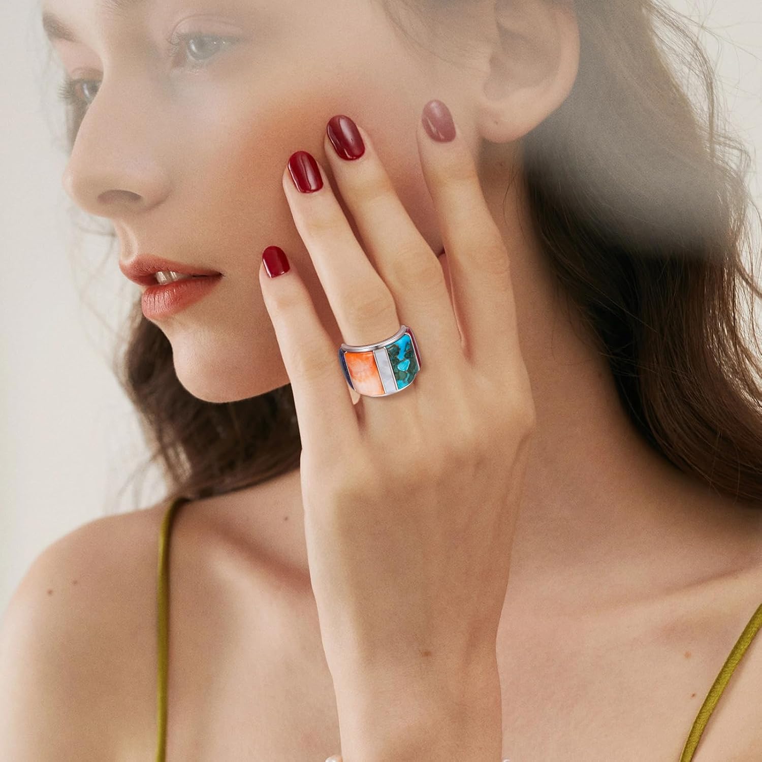 Wide Turquoise Ring for Women - 925 Sterling Silver Turquoise Statement Rings Gemstones Wide Band Ring Size 6-10