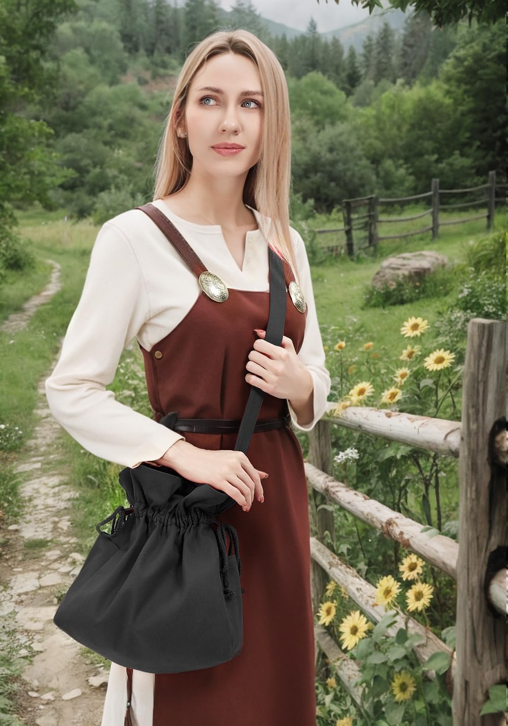 FURPHI Medieval Drawstring Bag Canvas Shoulder Bag with Side Pockets Renaissance Costume Accessories for Ren Faire LARP - Image 3
