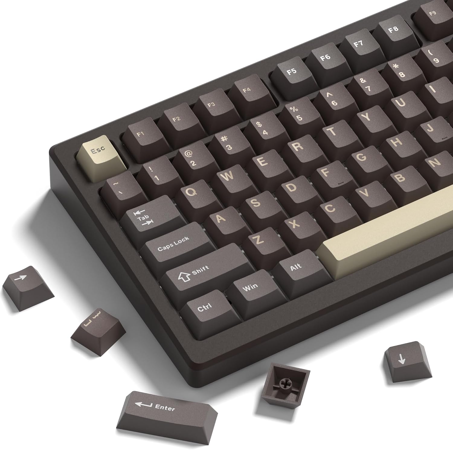 Double Shot PBT Keycaps Set 138 Keys, Cherry Profile Custom Keycaps 60 65 75 100 Percent for 61/64/68/84/87/100/104/108 Retro Gaming Mechanical Keyboard, Brown Coffee