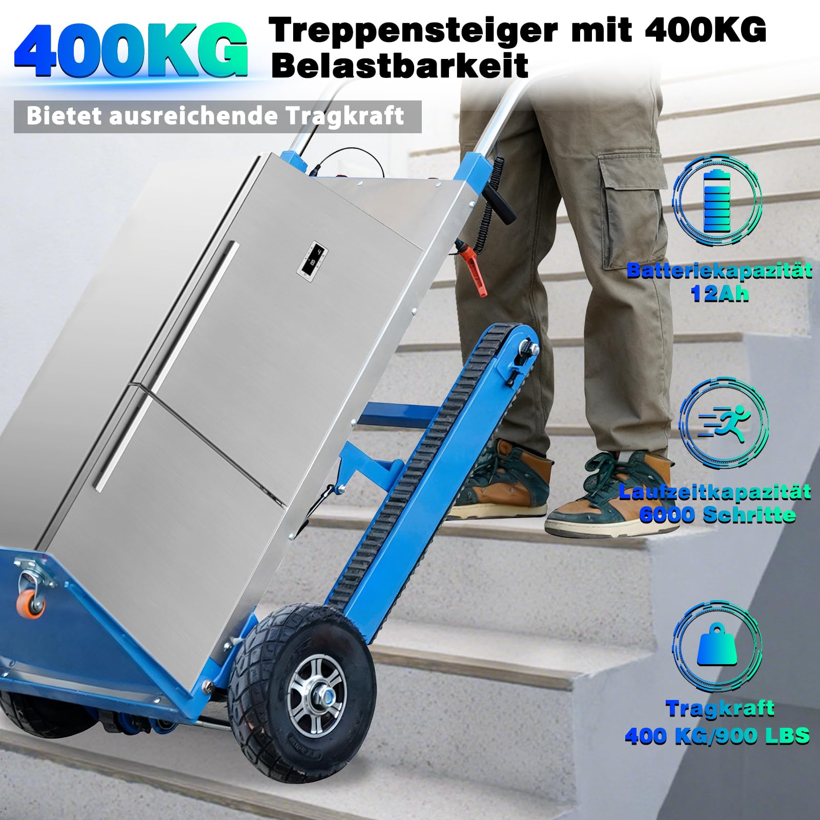 Afitdon Diable électrique 1250 W - avec capacité de Charge de 408 kg - pour escaliers et descentes - avec Corde de sécurité et Pompe à air - pour Le Transport de Meubles