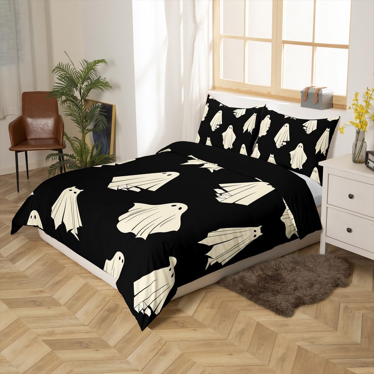 Castle Fairy Black Halloween Theme Decorations,Kids Halloween Ghost Printed Print King Size Duvet Cover for Teens Adults,Ghost Bedroom Decor Soft Comforter Cover with Zipper Closure(No Comforter)