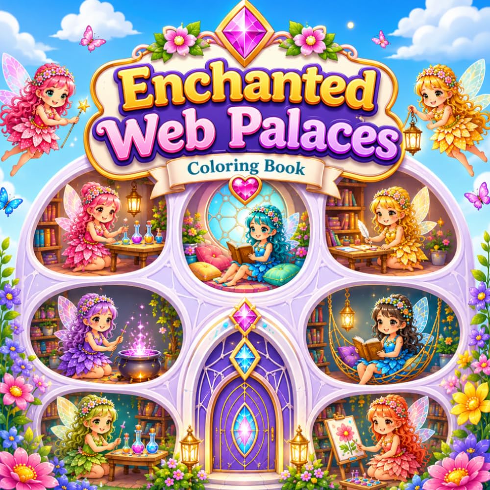 Enchanted Web Palaces Coloring Book: Magical Fairy Web Homes, Cute Fairy Rooms, Crystal Doors and Fantasy Coloring Pages for Kids