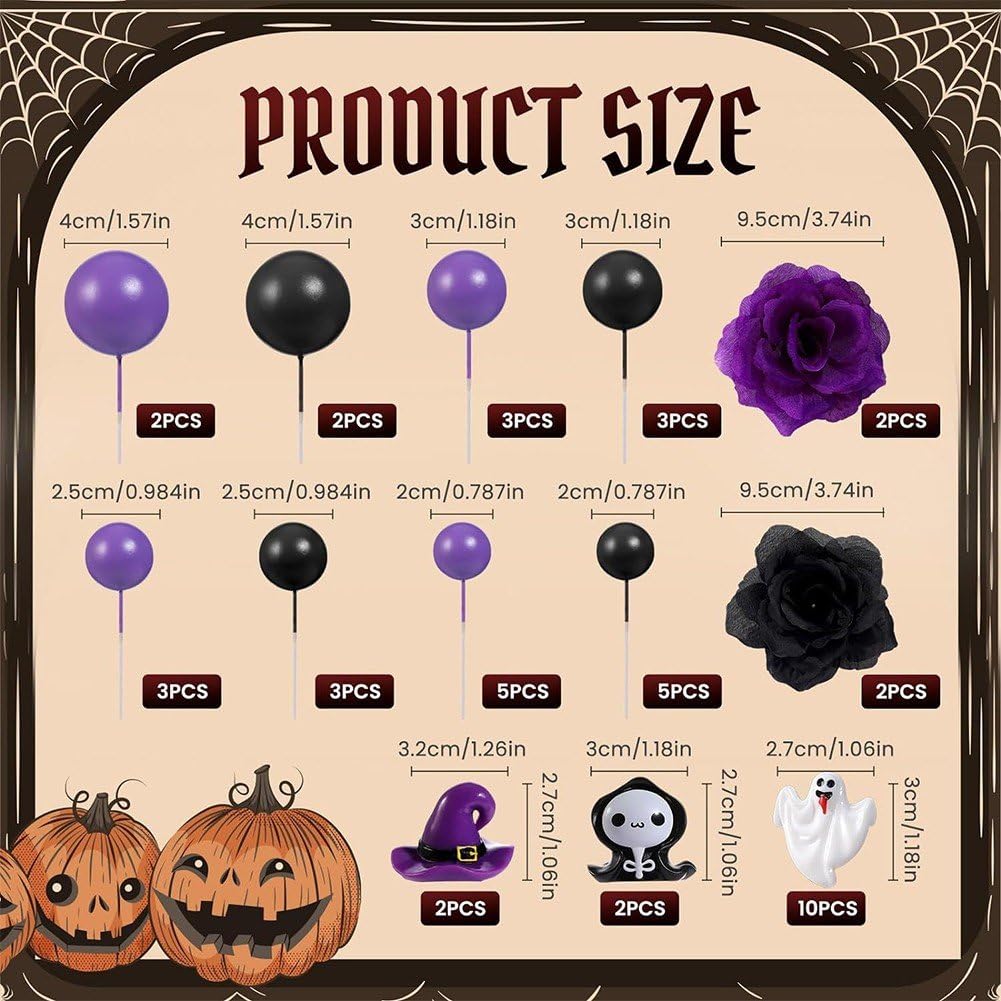 44 dekoracje na tort halloweenowy w kształcie kwiatu, gotycki, z różami, duchami, balonami, na przyjęcie urodzinowe
