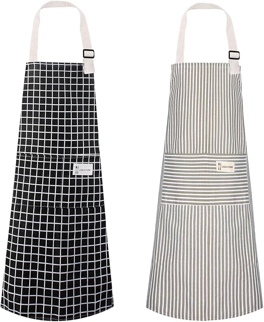 Polma Aprons, 2 Pack Cotton Linen Adjustable Bib Aprons with 2 Pockets Cooking Kitchen Aprons for Men Women