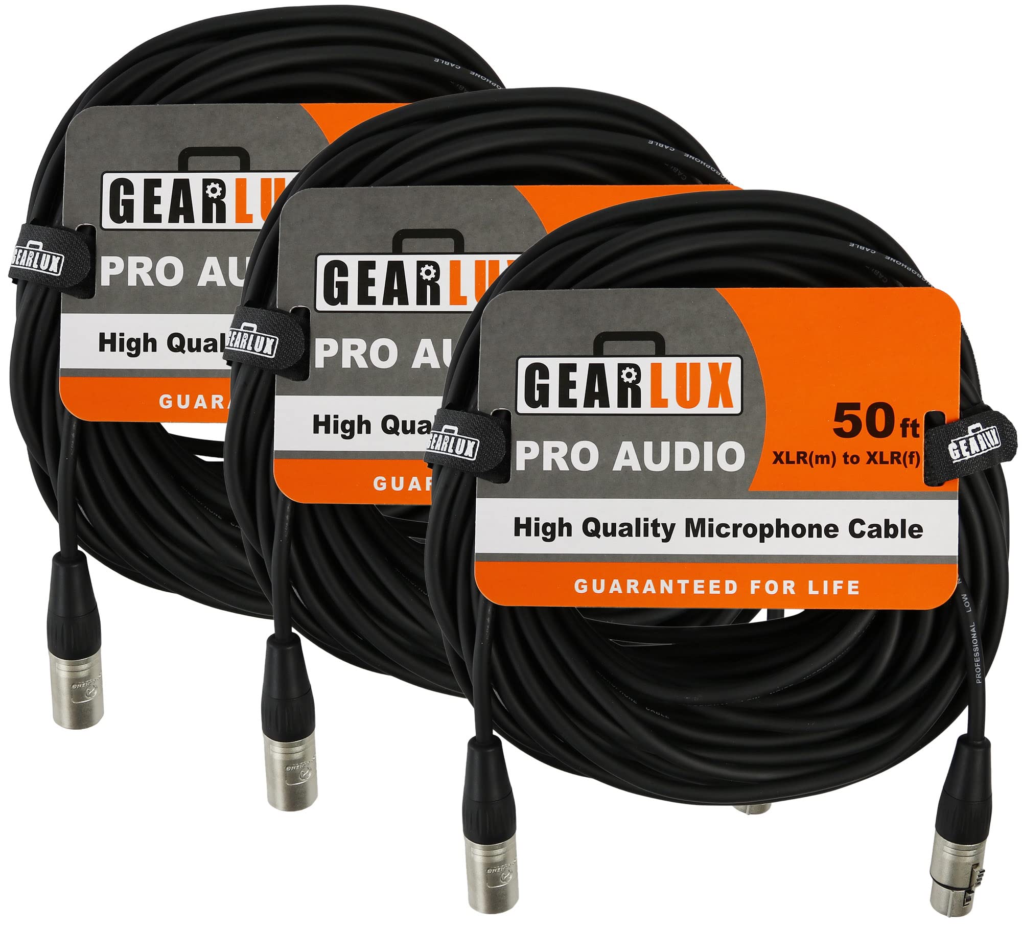 Gearlux XLR Microphone Cable, Fully Balanced, Male to Female, 50 Feet - 3 Pack