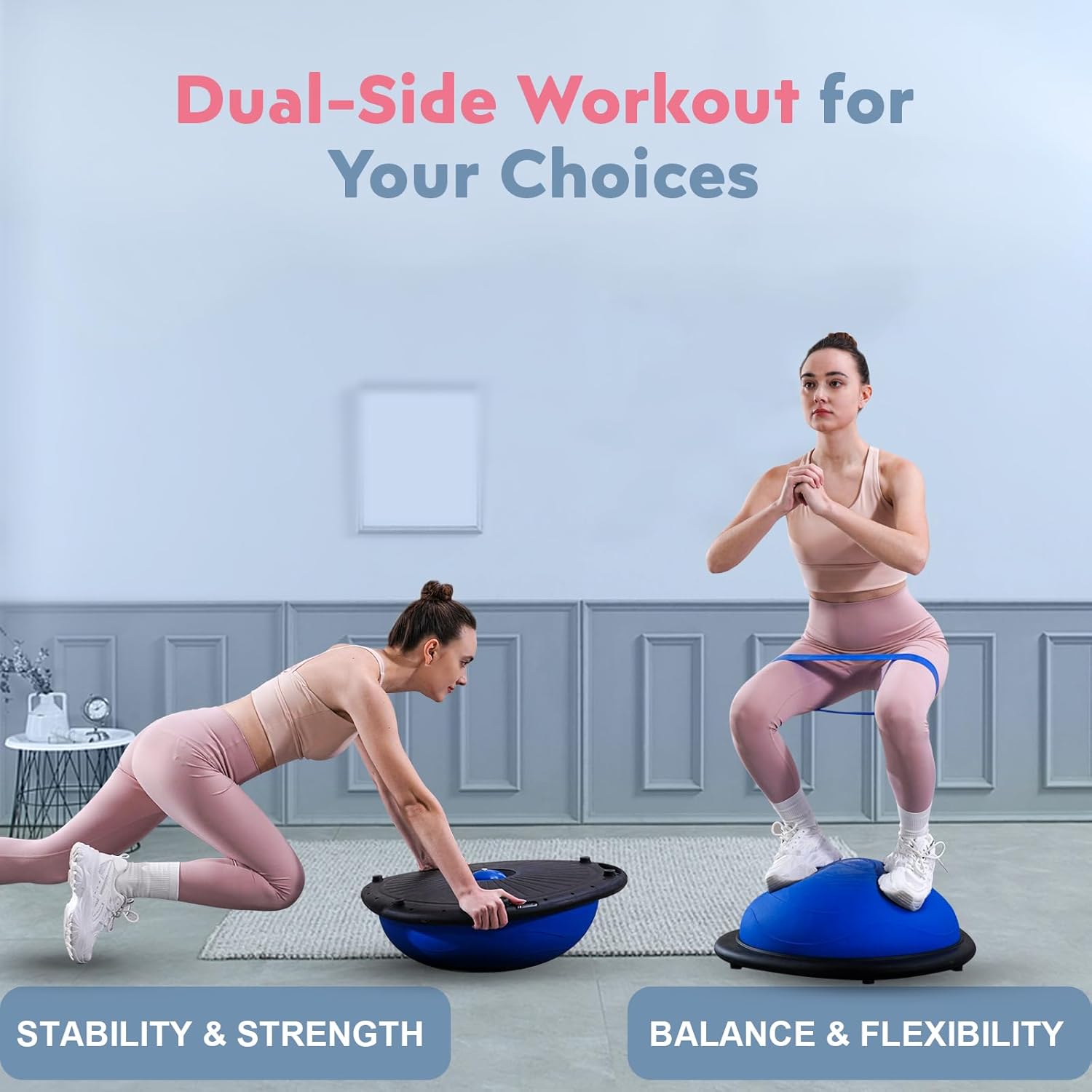 Half Balance Ball Trainer, Inflatable 19/23 Inch Half Exercise Ball with Resistance Bands and Pilates Ball, Non-Slip 660lbs Capacity Yoga Ball for Home Gym Full Body Workouts