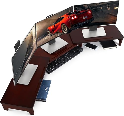 Nnewvante Soporte elevador grande para monitor doble, soporte de monitor de bambú de 60 pulgadas con longitud y ángulo ajustables, 3 estantes