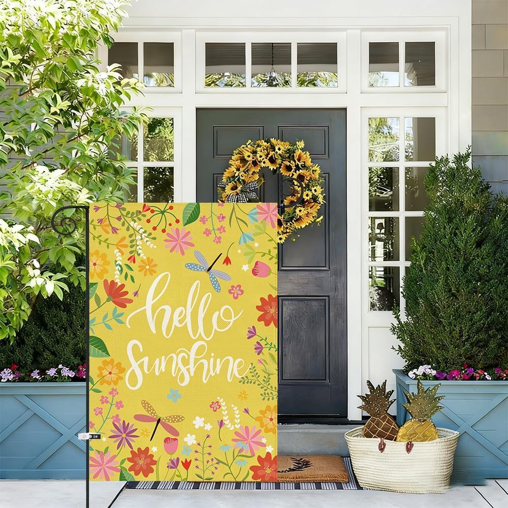 Baccessor Spring Garden Flag 12.5 x 18 Inch, Hello Sunshine Floral Double Sided Burlap Welcome Yellow Small Yard Flag Seasonal Holiday Lawn Proch Outdoor Outside Decor - Image 4