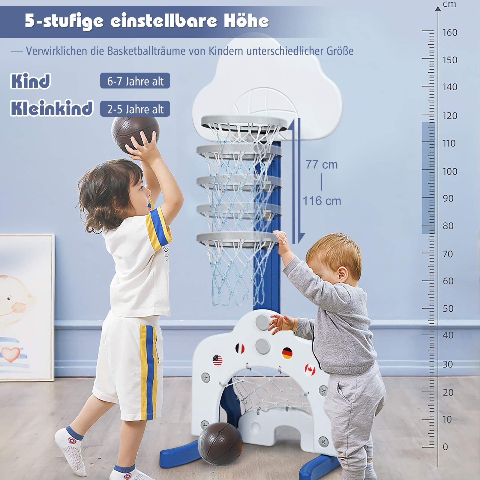 COSTWAY 3 in 1 Kinder Basketballkorb, Basketballständer höhenverstellbar mit Fußballtor & Basketball & Golf, inkl. Bälle und Golf Club, Indoor & Outdoor Spielplatz für Kinder ab 2 Jahren (Weiß)