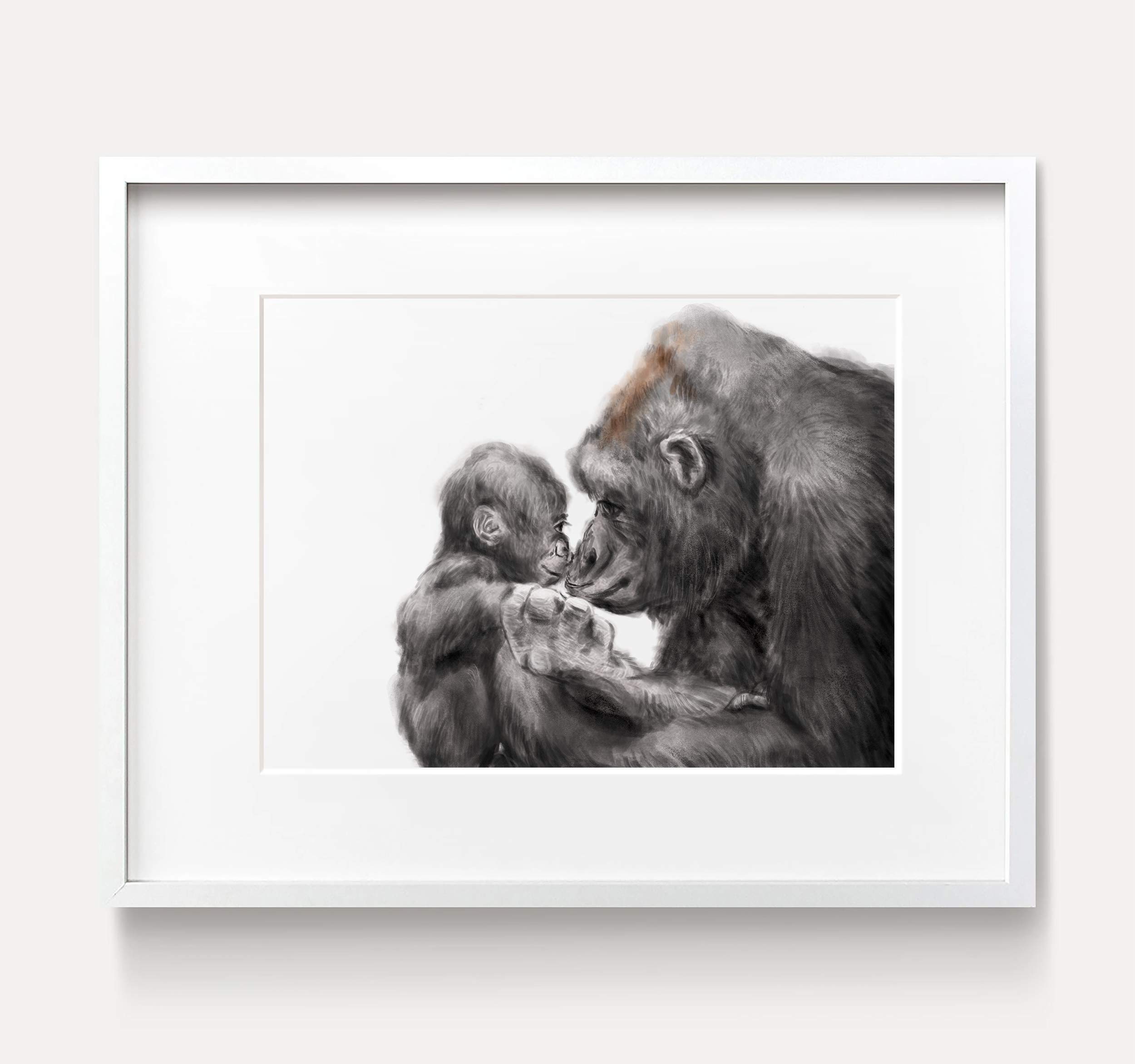 Gorilla Mom and Baby Art Print, Sweet loving Mother and Baby, Motherhood Gift, Gender Neutral Nursery Cute Safari Animal Art, UNFRAMED, Signed by Artist (8x10 inches, Vertical/Portrait)