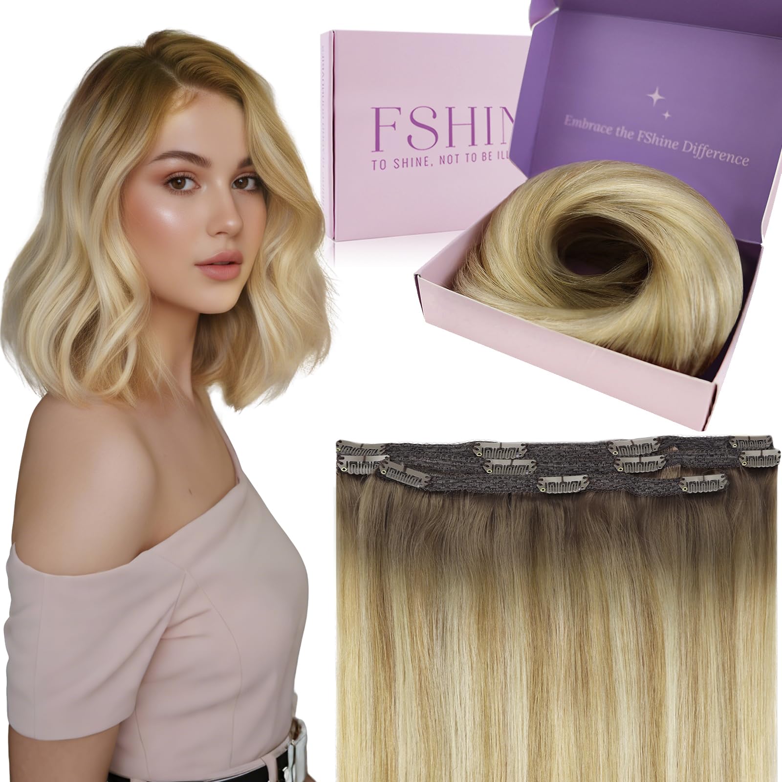 Fshine Clip Extensiones Humano 22 Pulgadas 55CM 120g Extensiones de Pelo Rubio Blanco Remy Hair Clip in Extensiones 7 Piezas Color 60 Extensiones de Cabello Natural Color 60 — view 20