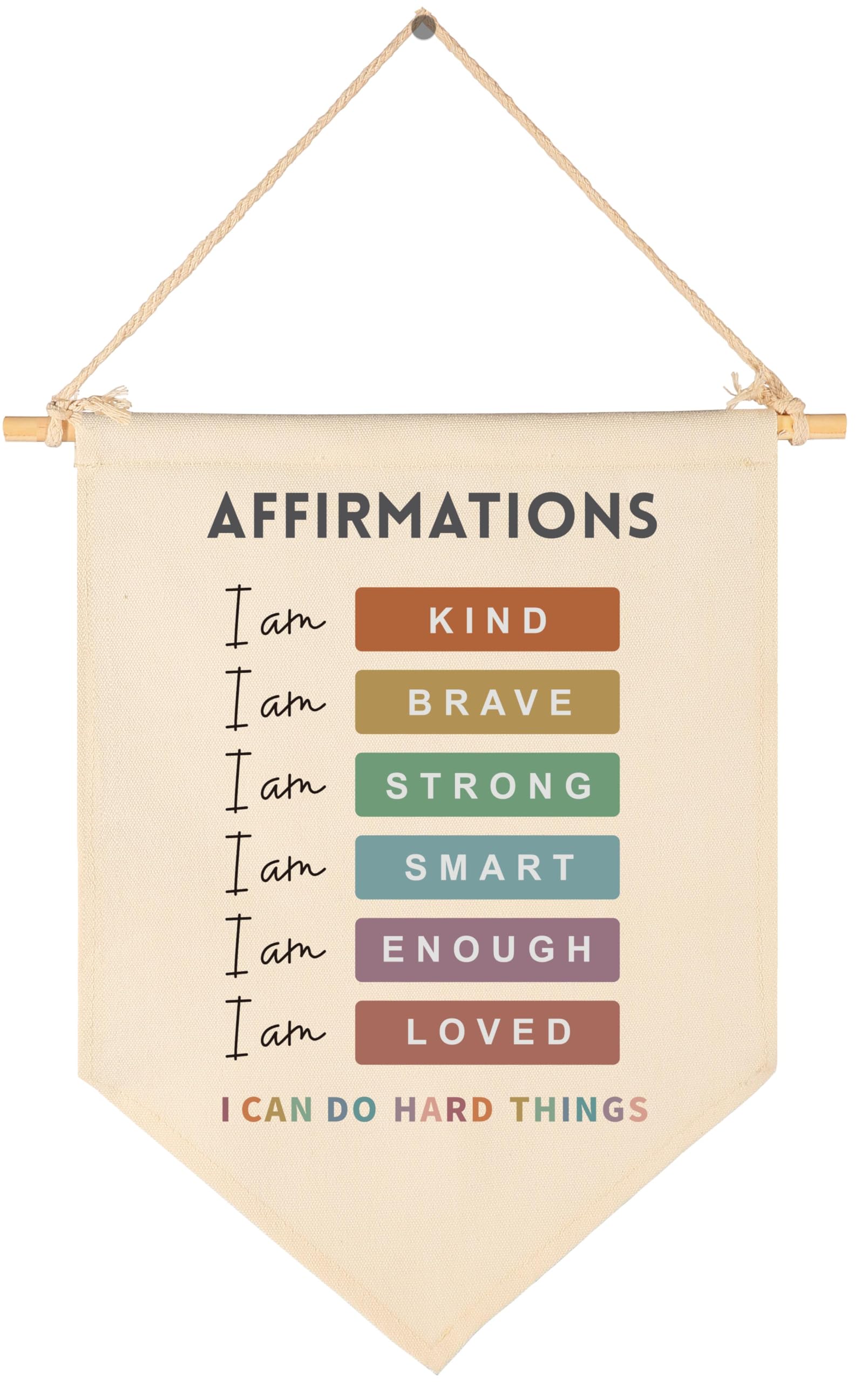 Classroom Wall Banner Decor-Teacher Gift-Mental Health, Growth Mindset-Inspirational Back to School Wall Flag-Affirmations I Am Kind-Positive Quote-Hanging Canvas Pennant Sign for Counselors Office