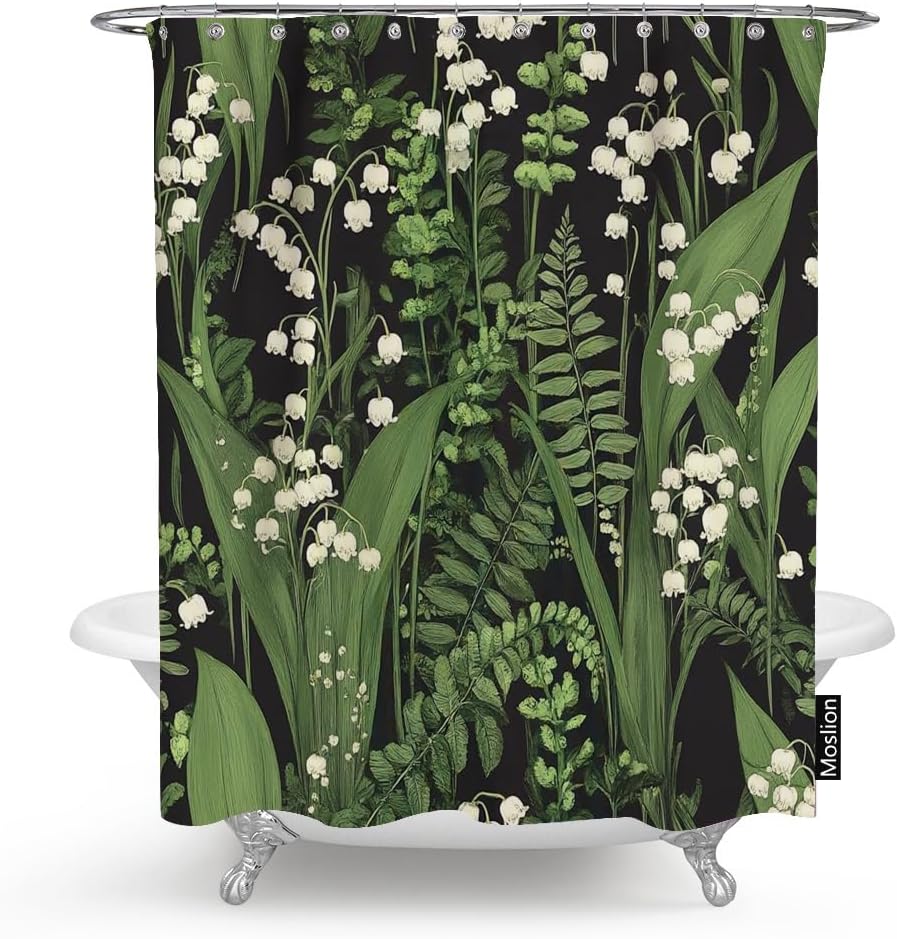 Moslion Lily Shower Curtain Valley Fern Floral Buds Leaves Stems Hand Drawn Wildflower Spring Plant Funny Shower Curtain for Bathroom Decoration Polyester 72Wx84H Inch