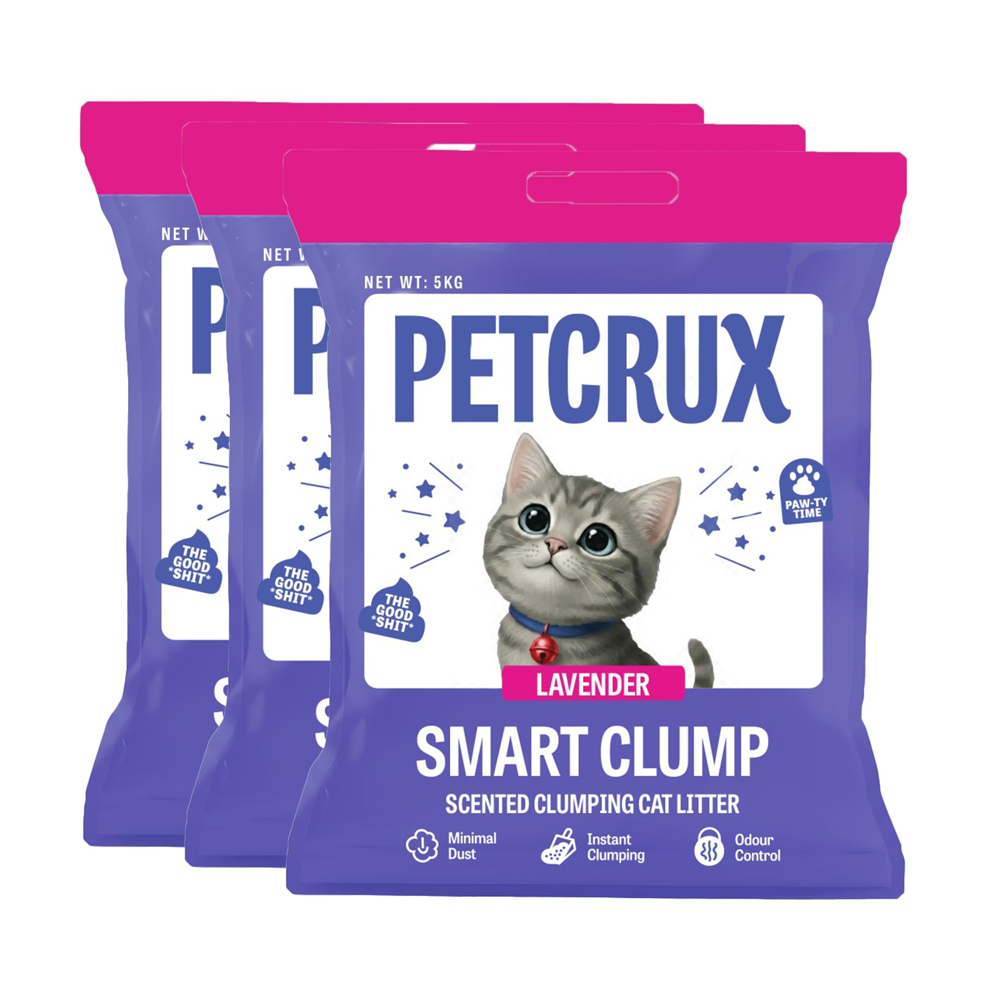 PetCrux Smart Clump Cat Litter 15kg, 3 Packs of 5kg, Lavender & Lemon Scented, 100% Natural Bentonite Clay, 99% Dust-Free, Rapid Clumping & Odour Lock, All Cat Breeds