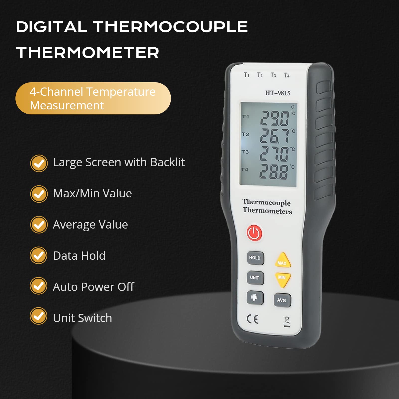 Digitale Thermometer, 4-kanaals Thermometer, Zeer Nauwkeurige K-type Digitale Thermokoppelsensor, LCD-scherm met Achtergrondverlichting Handheld Hoge Temperatuur