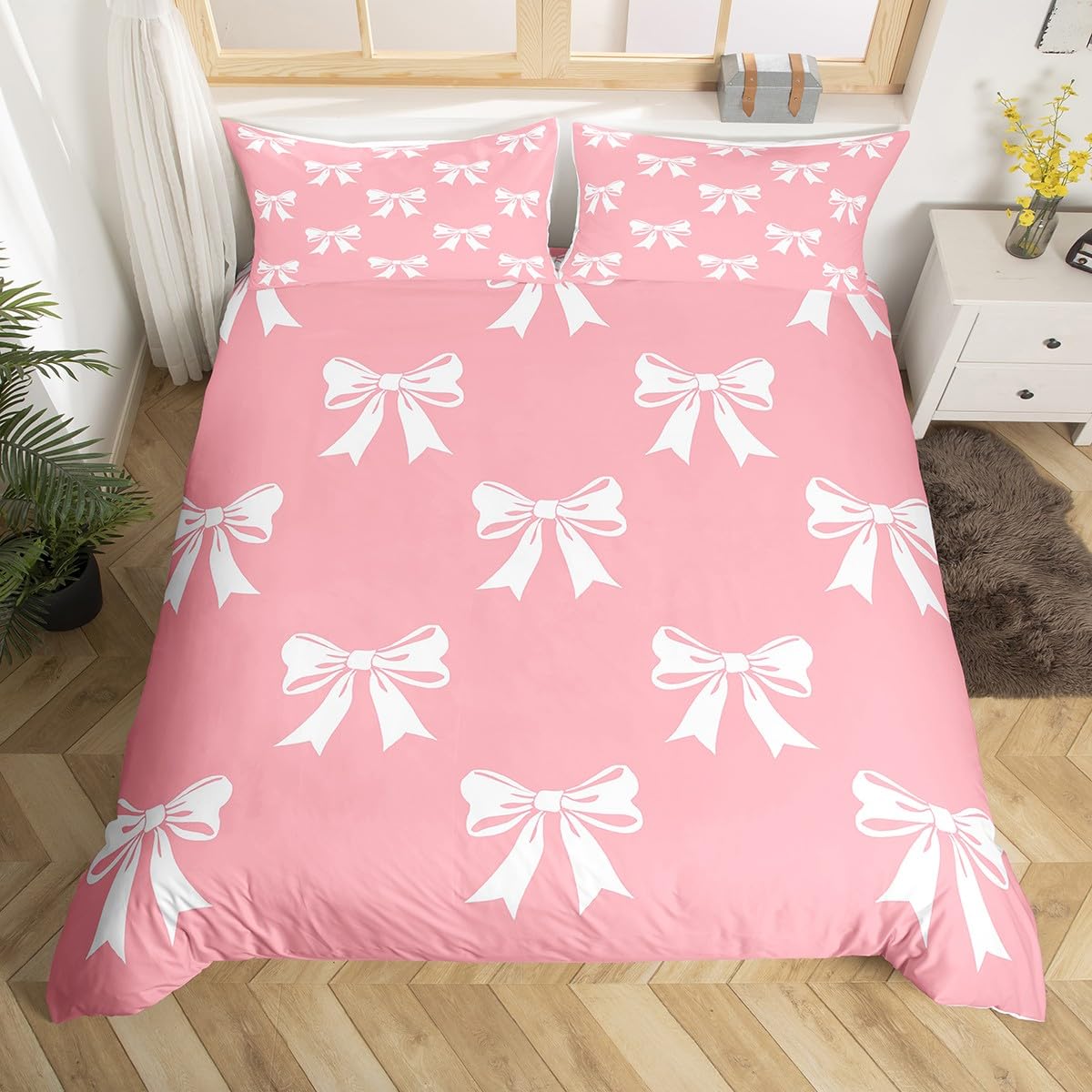 Homemissing White Bowknot Duvet Cover Set Single Size For Kids Girls Teens Bedroom Cute Bow Pink Bedding Set Bow Ribbon Comforter Cover with 1 Pillowcase - Image 3