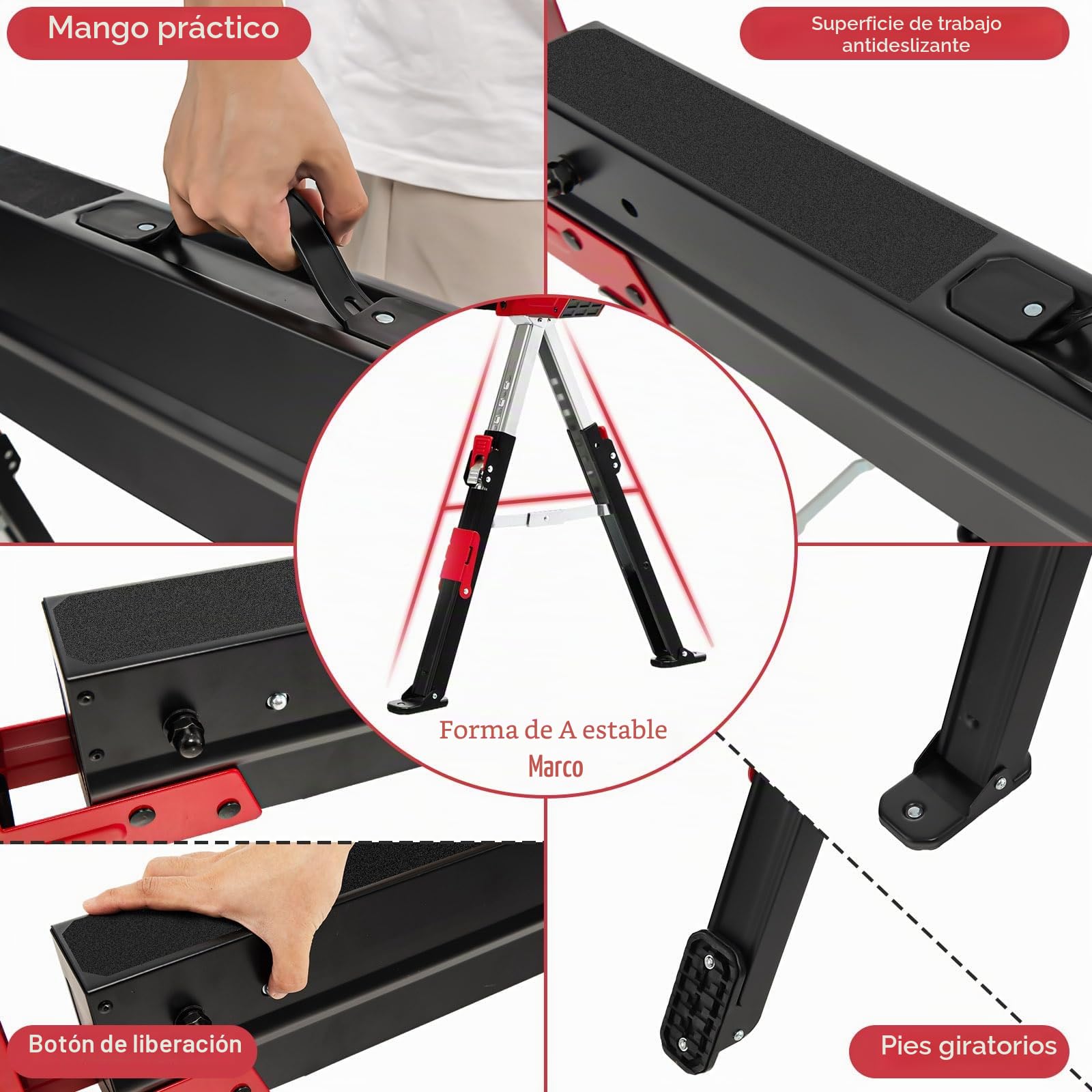 SOARS 2 caballetes de trabajo de altura regulable, caballete plegable máx. 1180 kg, con superficie de trabajo antideslizante, soportes plegables y asa, soporte para andamios, ayuda para sierra (rojo)