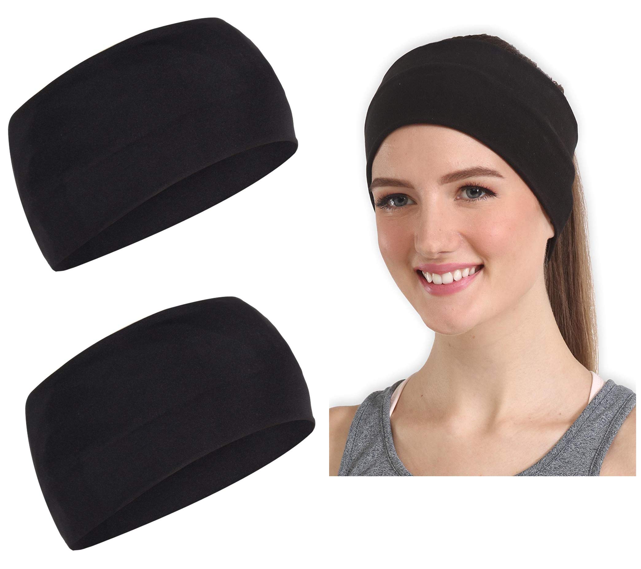 BISMAADH Unisex Chinlon and Lycra Spandex Yoga Running Sports Workout Hair Bands/Headbands (Black, Pack of 2)