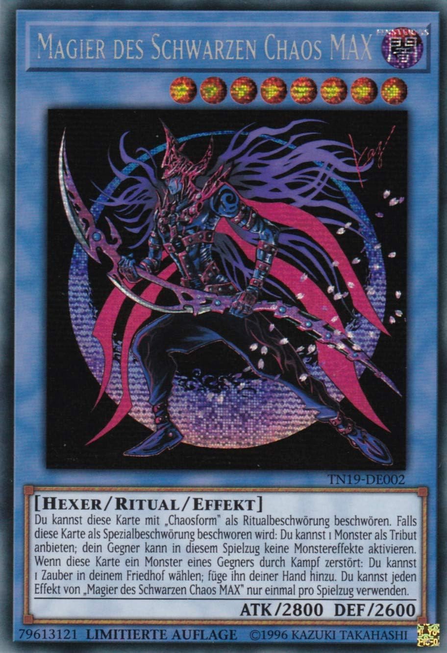 TN19-DE002 - Magician of Black Chaos MAX - Prismatic Secret Rare - 1st Edition - German - 2019 Gold Sarcophagus Tin - with LMS Trading Fieldcenter Card Yugioh