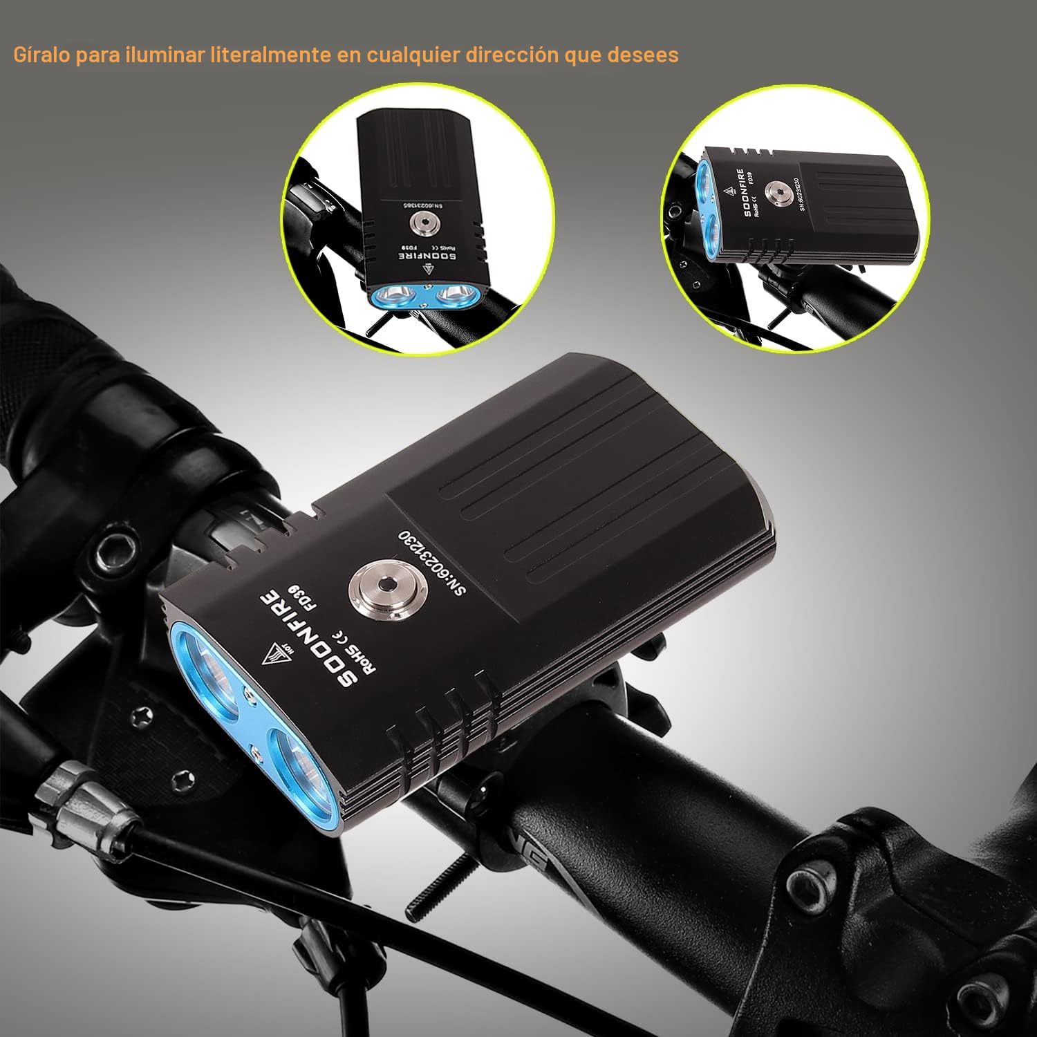 FD39 Faro Delantero de Bicicleta Recargable USB-C súper Brillante, 2 ledes de 2530 lúmenes con un Alcance Efectivo de 177 Metros, Resistente al Agua, Montaje y desmontaje rápido