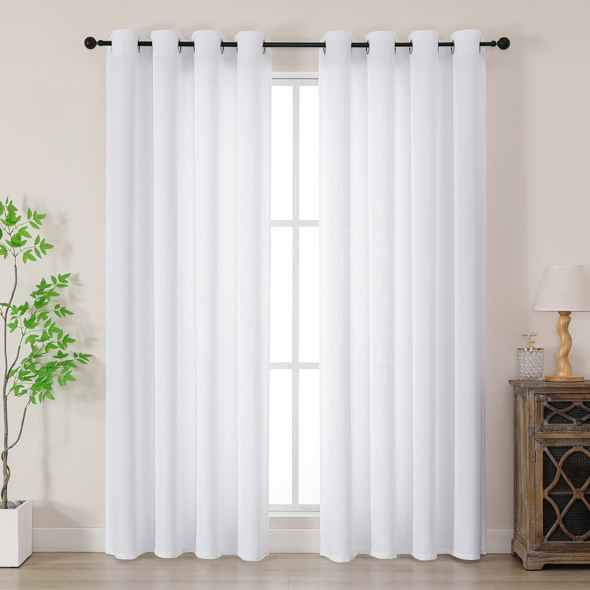 Simplebrand White Faux Linen Texture Curtains for Living Room, 183 CM Drop Net Curtains for Windows, Privacy Panels with Eyelet Top for Bedroom/Nursery Room/French Door, Set of 2, W140 x H 183 CM