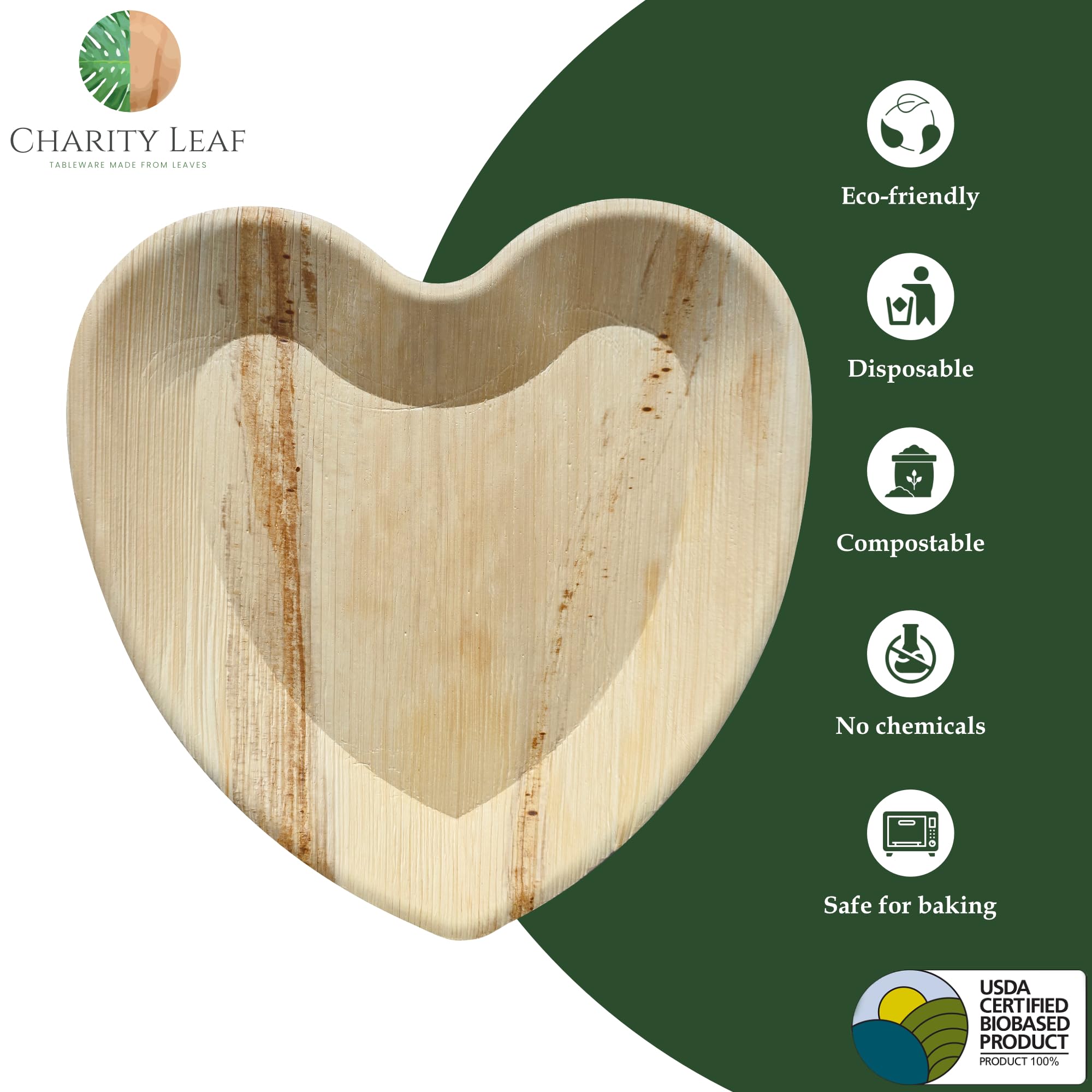 Charity Leaf Platos desechables con forma de corazón de hoja de palma de 12 pulgadas (25 piezas) de bambú, tablas desechables, vajilla ecológica para San Valentín, bodas, catering, eventos