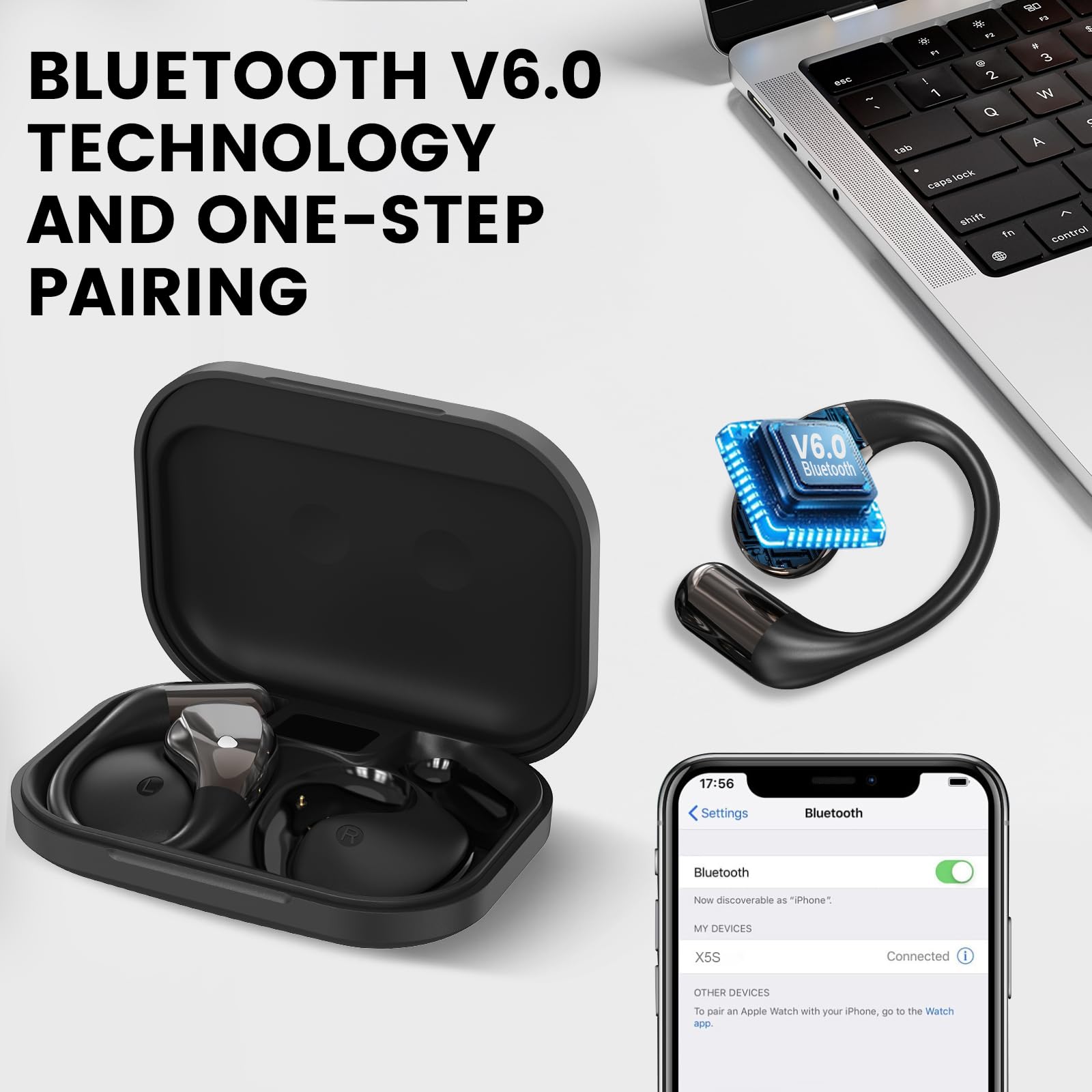 Cuffie Bluetooth 6.0 Open Ear, Microfono HD, 40 ore di autonomia, Display LED, IP7 impermeabili, Nero