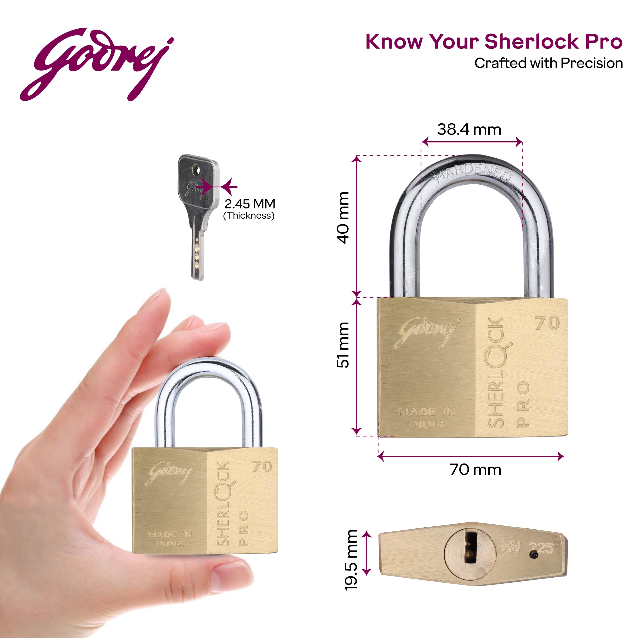 Godrej Locks | Sherlock Pro (70mm) Padlock | with 3 Keys | Premium Solid Brass Lock | Self-Locking Shackle | Double Locking | Rust-Resistant | Suitable for Doors | 1 Years Warranty — Amazon image 4