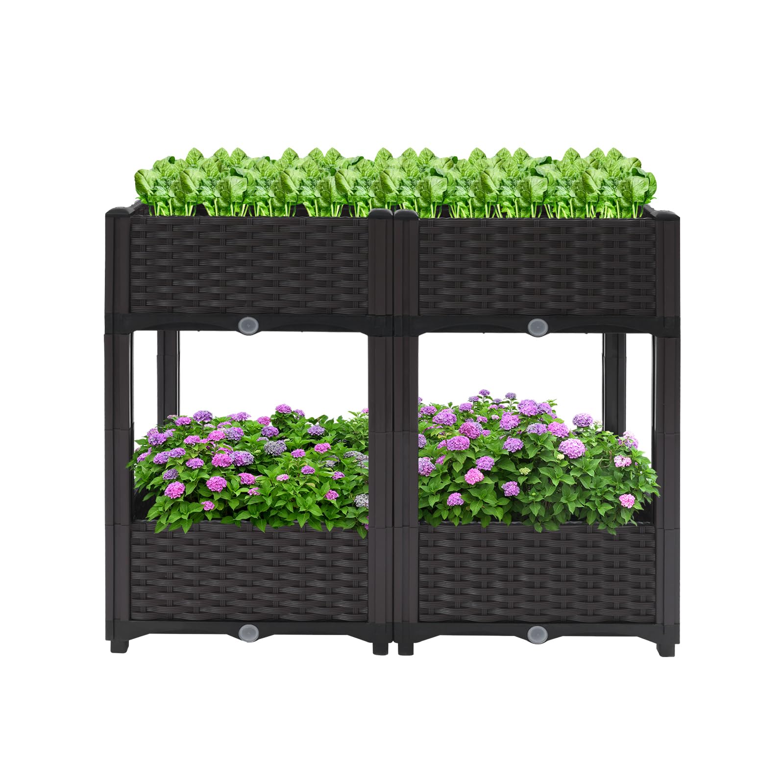 Vaso da fiori effetto rattan, 2 ripiani, 4 scatole, per esterni, rettangolare, profondità interna 15 cm, per giardini, balconi, terrazze, 80 x 40 x 67 cm