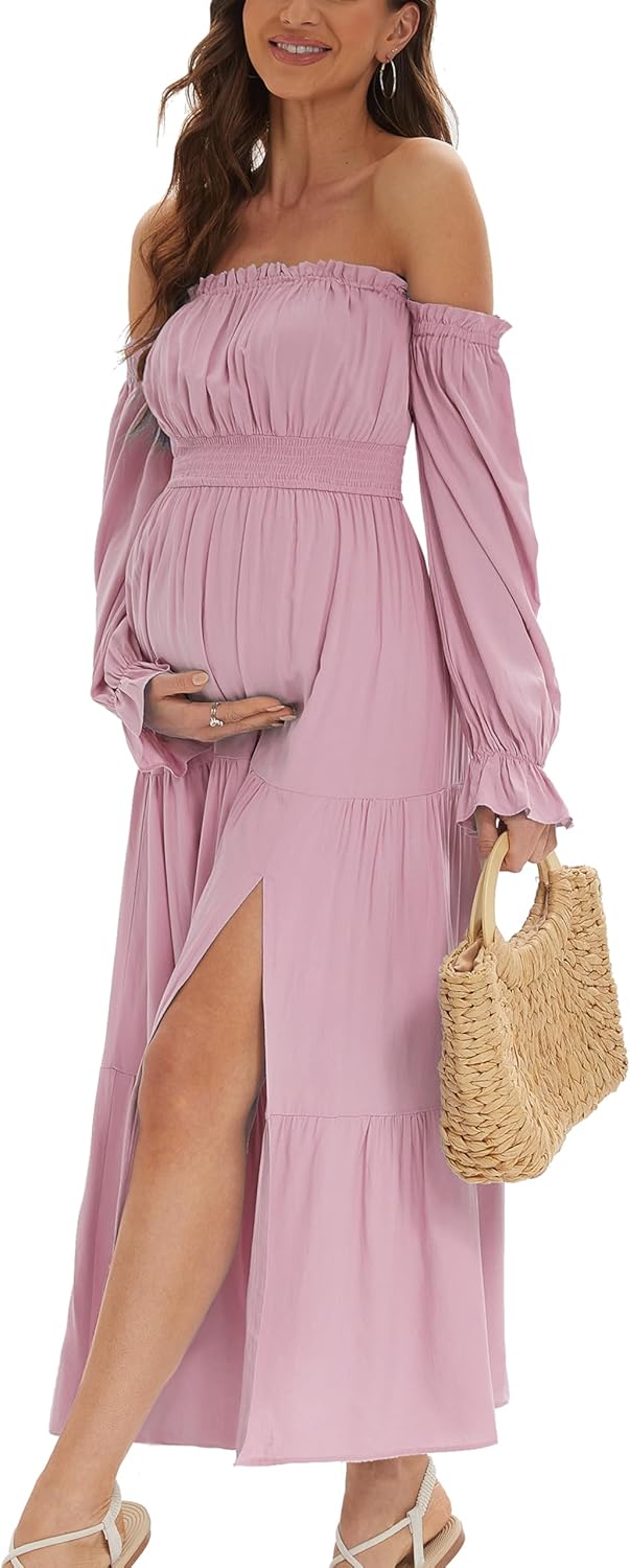 Boho Off Shoulder Maternity Dresses, Long Sleeve Side Split Flowy A Line Tiered Maxi Dress for Baby Shower Photoshoot