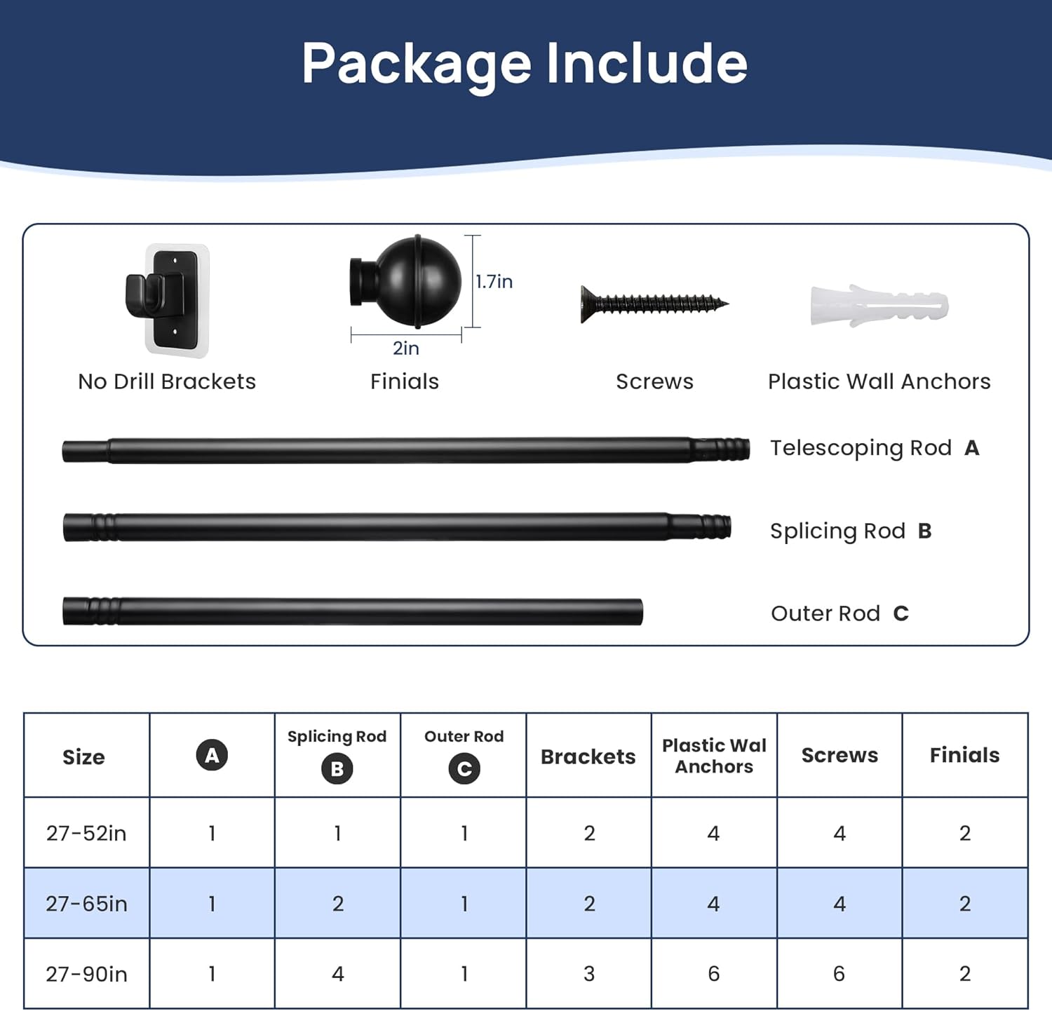 ENJOYBASICS 2 Pack No Drill Curtain Rods for Window 28 to 60 Inches, 5/8 Inch Diameter Renter Friendly Drapery Rod with Adhesive Brackets without Drilling, Adjustable from 27 to 65 Inches, Black