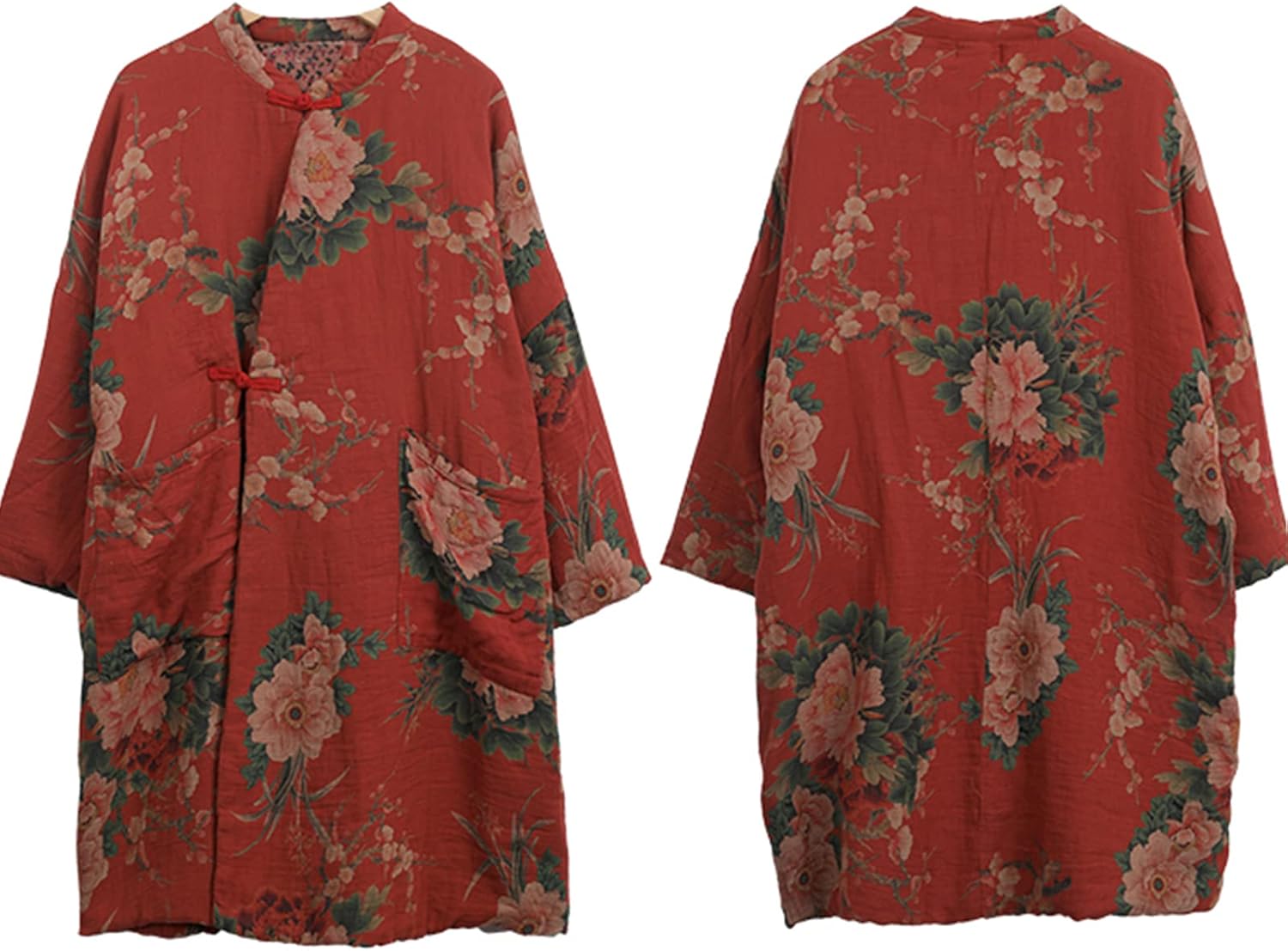 NFYM Women Cotton Jacket Kimono Soft Quilted Flower Printed Long Loose Outwear Coats with Pockets (as1, alpha, one_size, plus, regular, Red) - Image 4