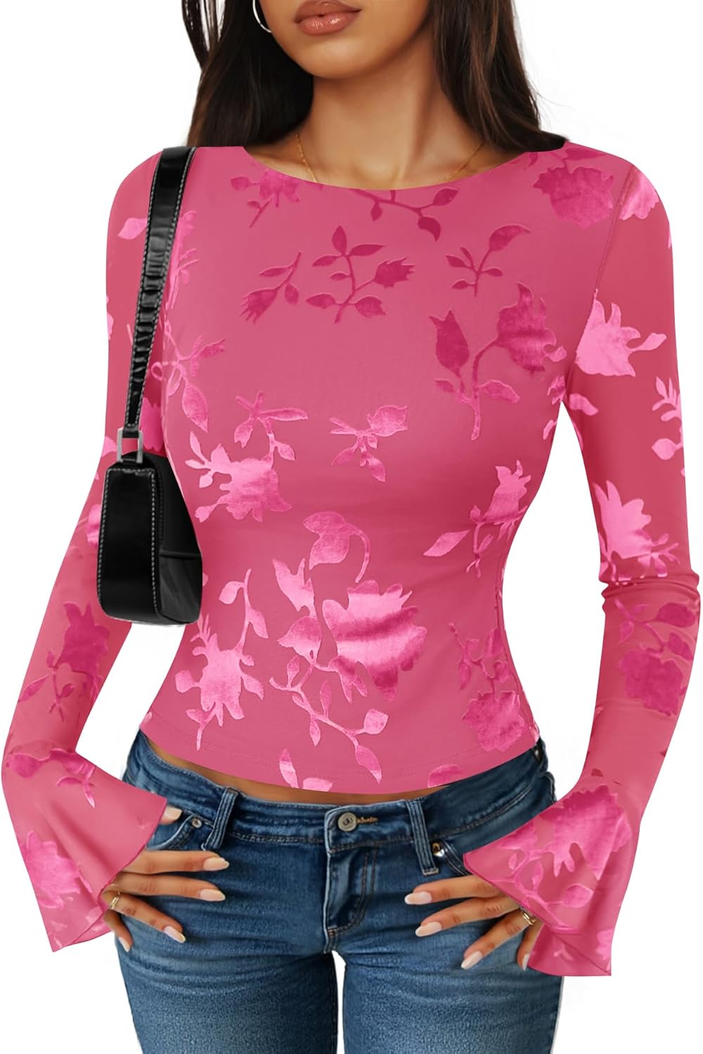 ZESICA Womens Bell Long Sleeve Going Out Tops 2026 Spring Trendy Mesh Floral Fitted Shirts Cute Date Y2k Top Outfits