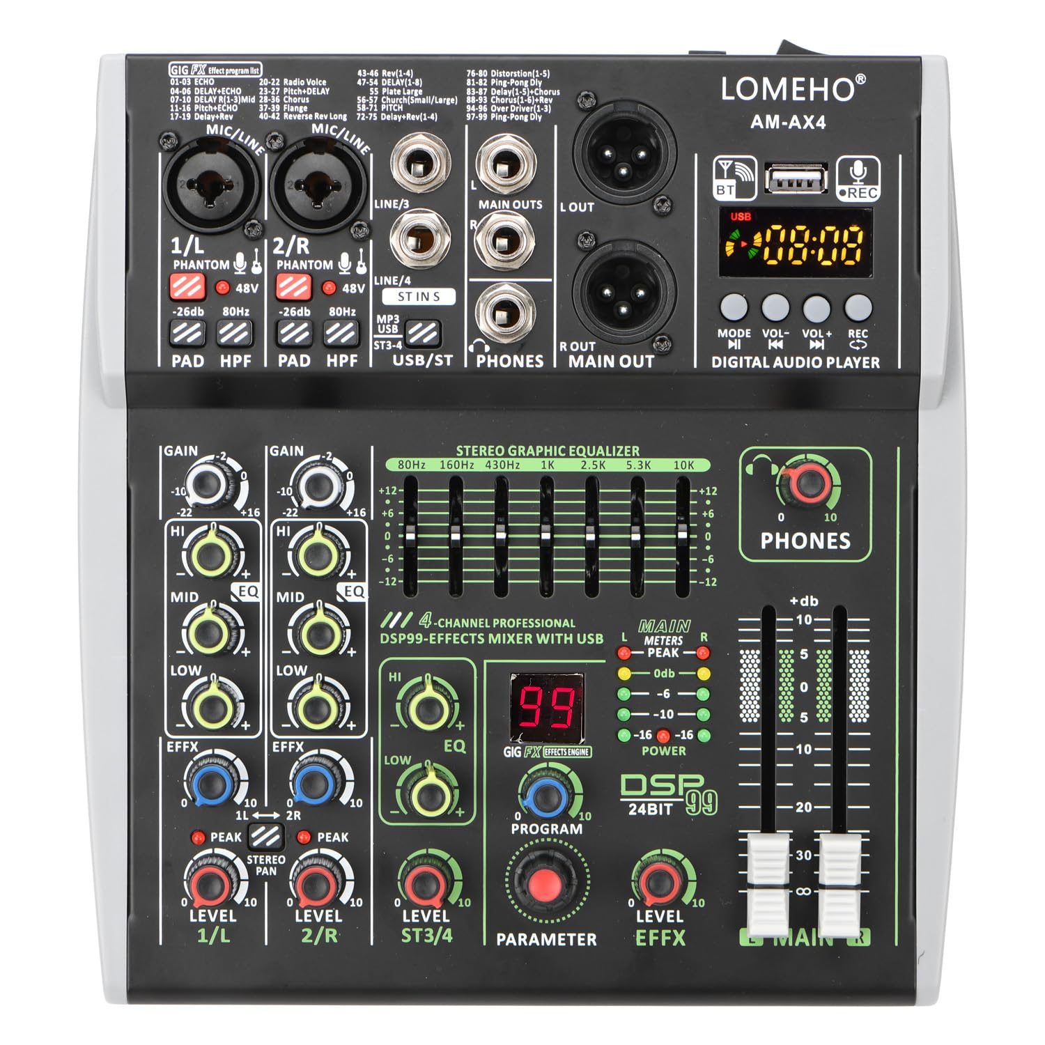 Mikser Audio, 4/6 Kanałowa konsola miksująca wejściowa 48 V 99 DSP Efekt Bluetooth Mikser DJ USB PC Odtwarzanie Nagrywanie Podcast Stół dźwiękowy AM-AX4(4 Channel)
