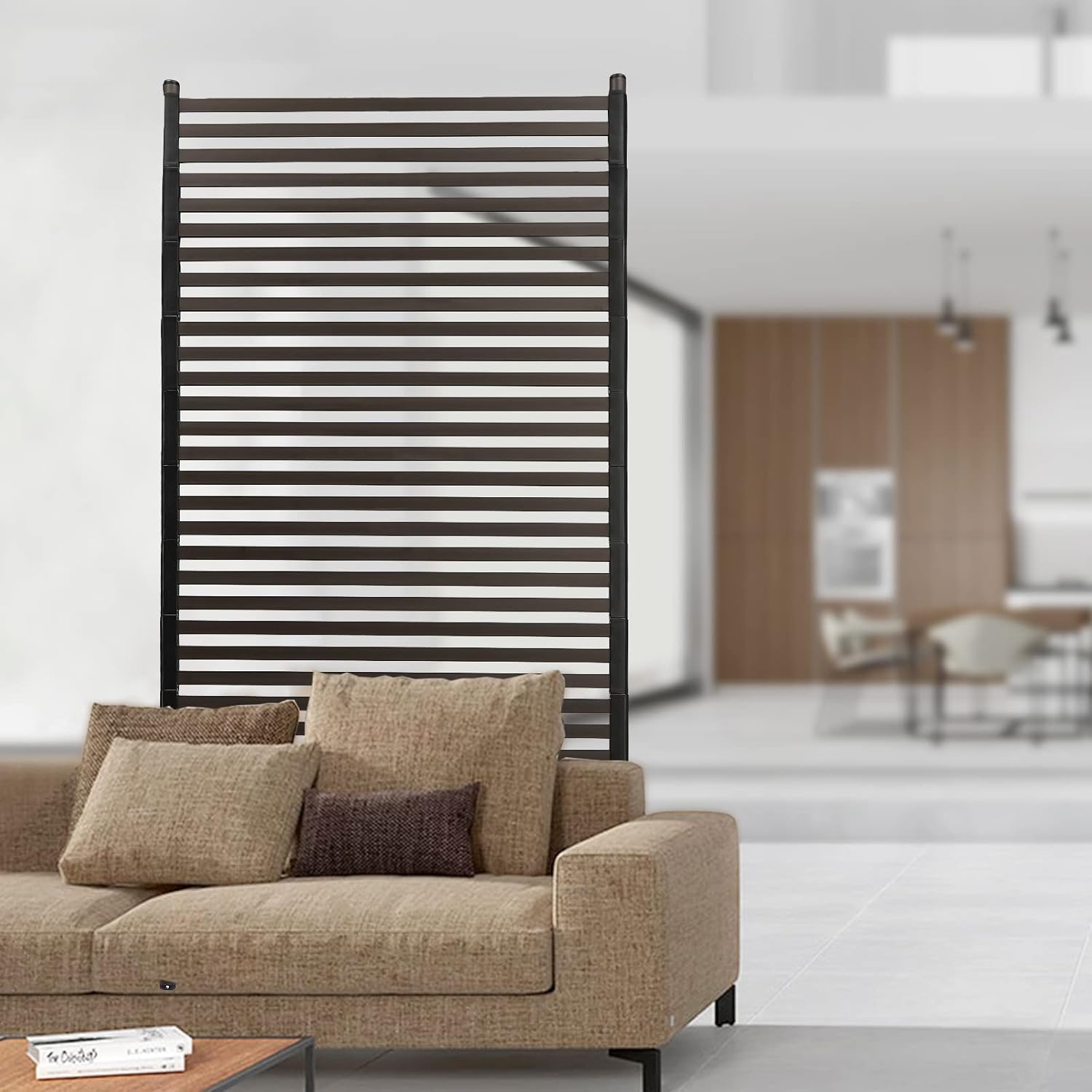 Outdoor Privacy Screens Freestanding, 35.5" W x 71" H Metal Slatted Decorative Privacy Screen and Panels with Stand, Brown Backyard Panels for Garden Patio