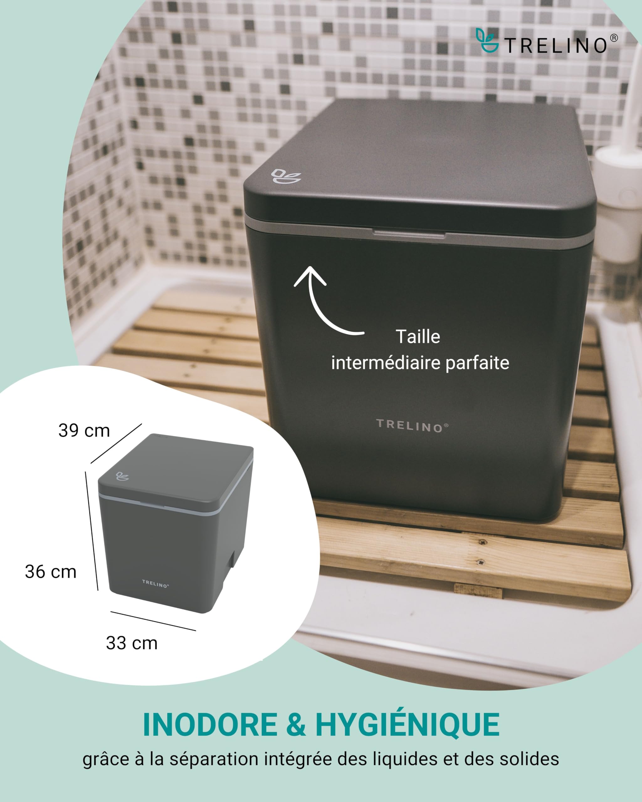 TRELINO Evo M Anthracite (39 x 33 x 36 cm), Toilette sèche avec séparateur, Toilette Portable pour Camping et Plein air, 5 L & 8 L capacité