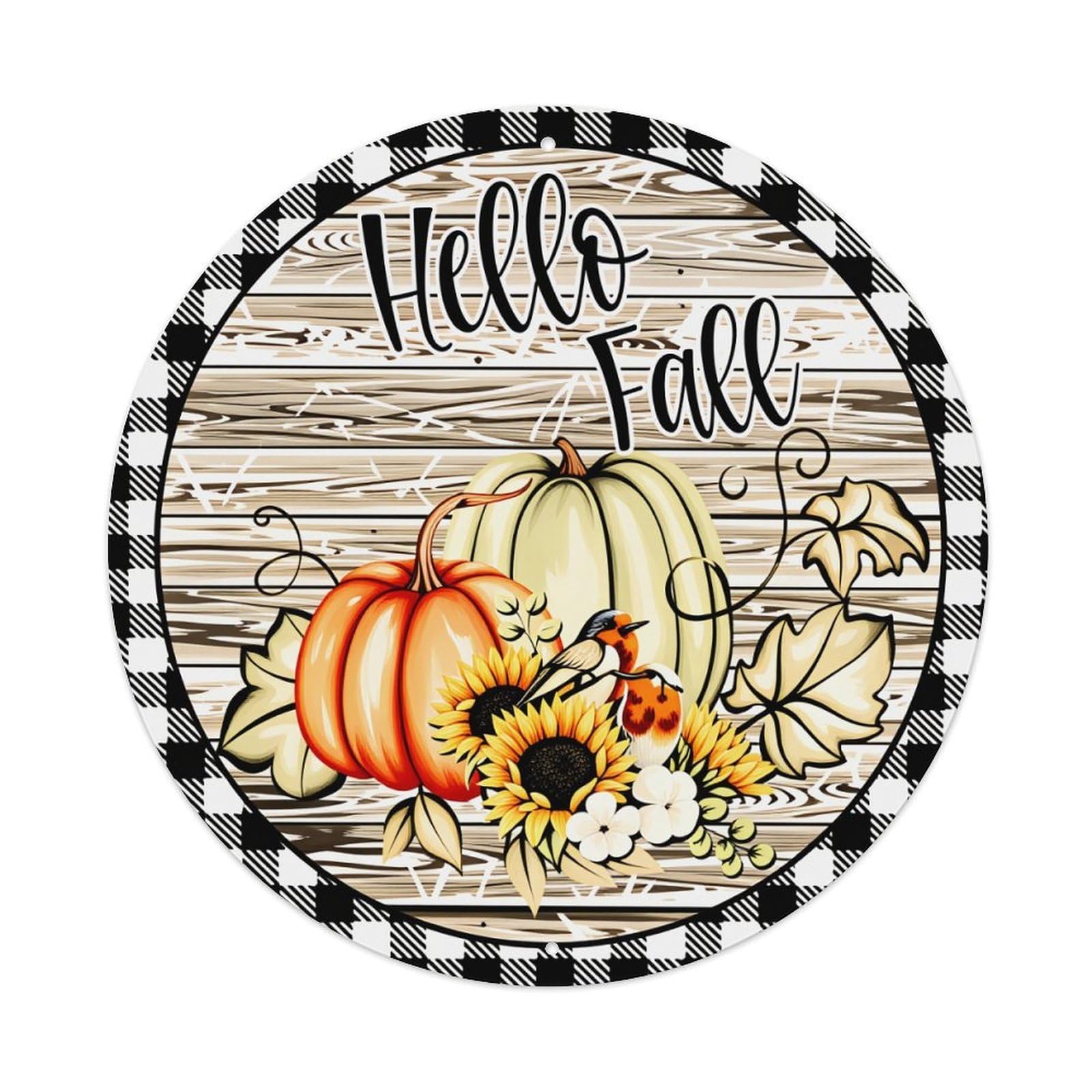 Hello Fall Pumpkin Sunflower Leaves Round Tin Sign Vintage Metal Poster Retro Bar, Home, Man Cave, Kitchen, Laundry Room Wall Art Decor Gift 8x8In