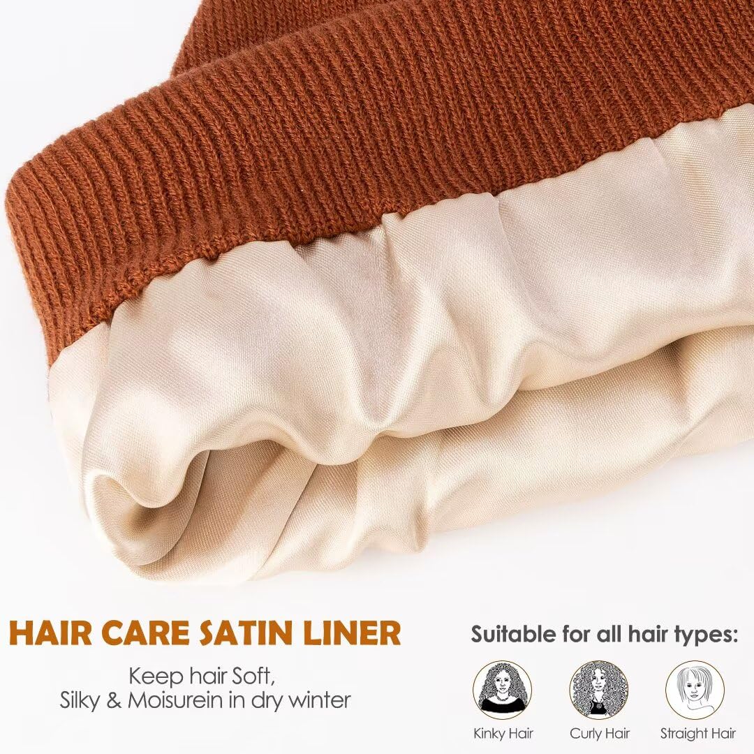 Paquete de 3 Gorros de Invierno con Forro de satén para Mujeres y Hombres, Gorro de Punto Suave y cálido con puños, Negro+Gris Claro+Beige, Talla única