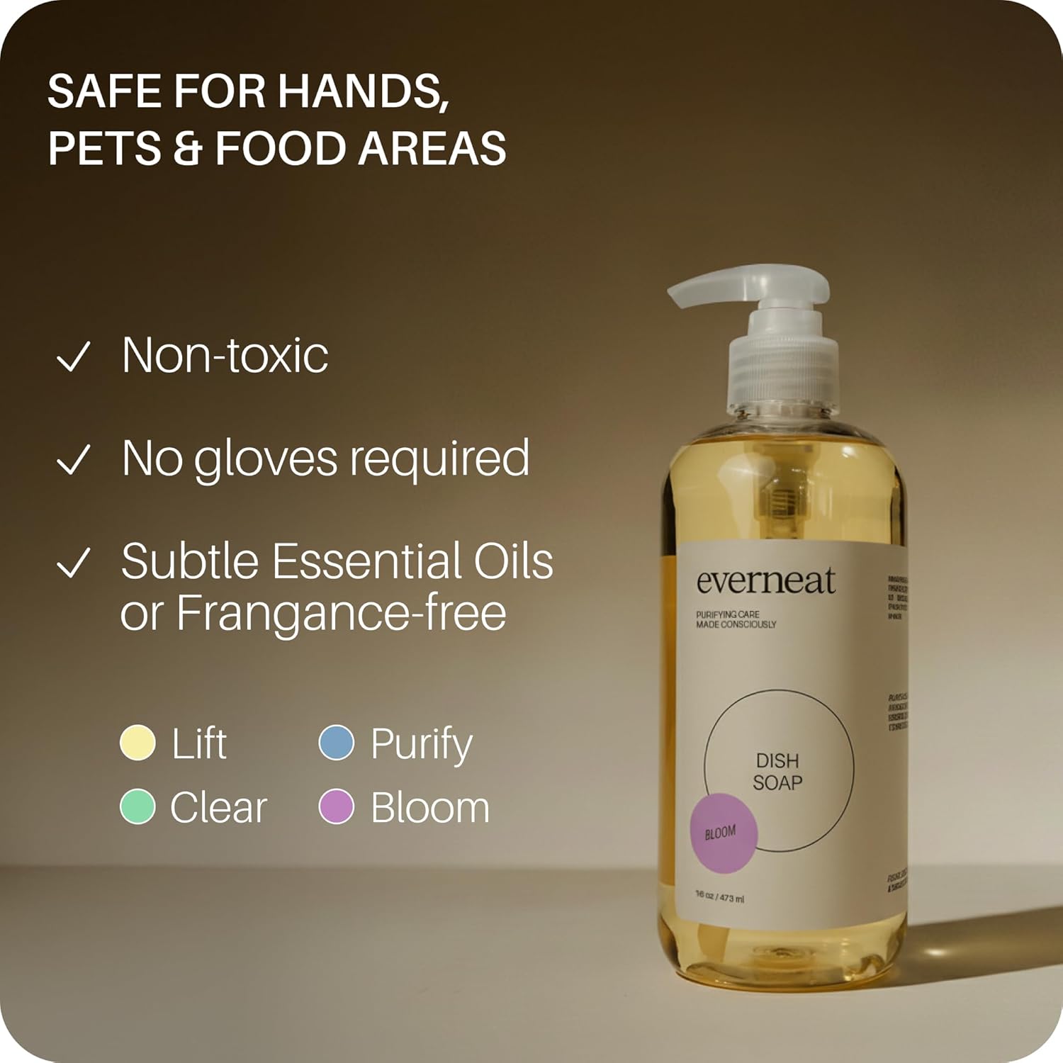 Everneat Enzyme Dish Soap – Powerful Grease Cutter, Non-Toxic & Plant-Based | With Vitamin E for Hands | Bloom (Lavender, Clary Sage, Copaiba & Orange) | 16 oz Plastic Bottle