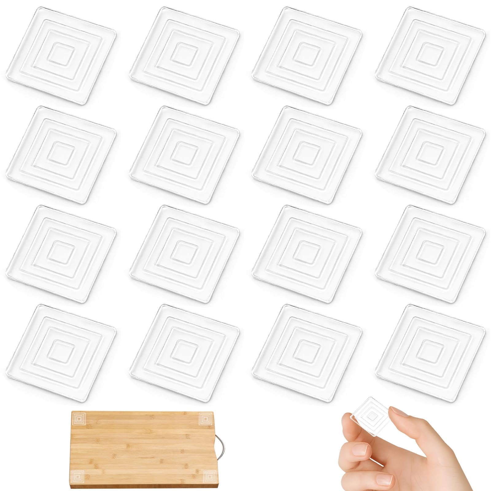 16Pcs 40mm Square Cutting Board Feet, Rubber Feet for Cutting Board Self-Adhesive Silicone Feet, Easy to Install No Screws Needed Washable Gripper Pads for Trays, Furniture