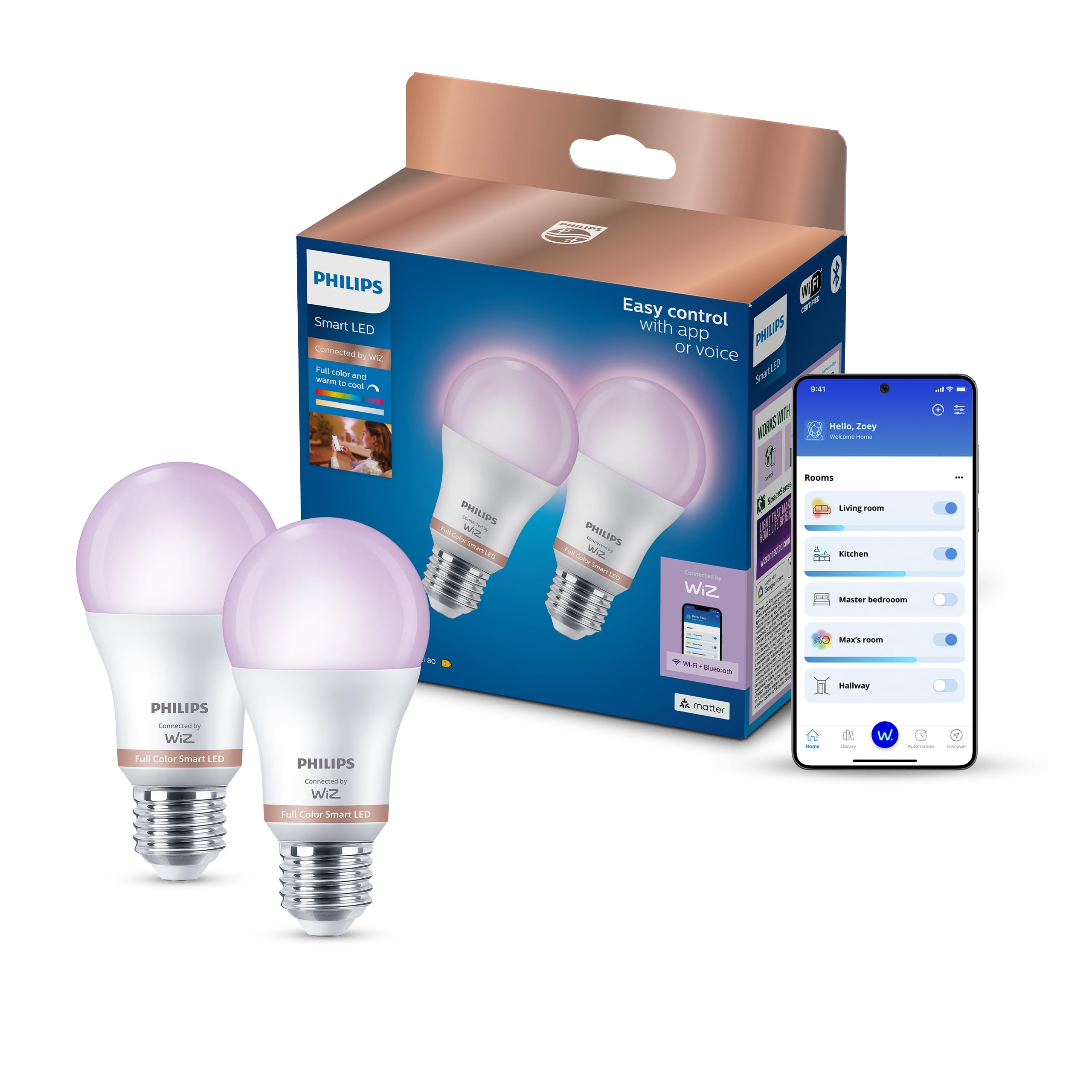 Philips Smart Lighting, Smart RGB A60 Żarówka LED, 2 Szt., E27, 1521 lm, Kolorowe i Regulowane Białe 2200–6500 K, Przyciemnianie do Niskiego Poziomu, Connected by WiZ, Alexa, Google Home, Apple Home